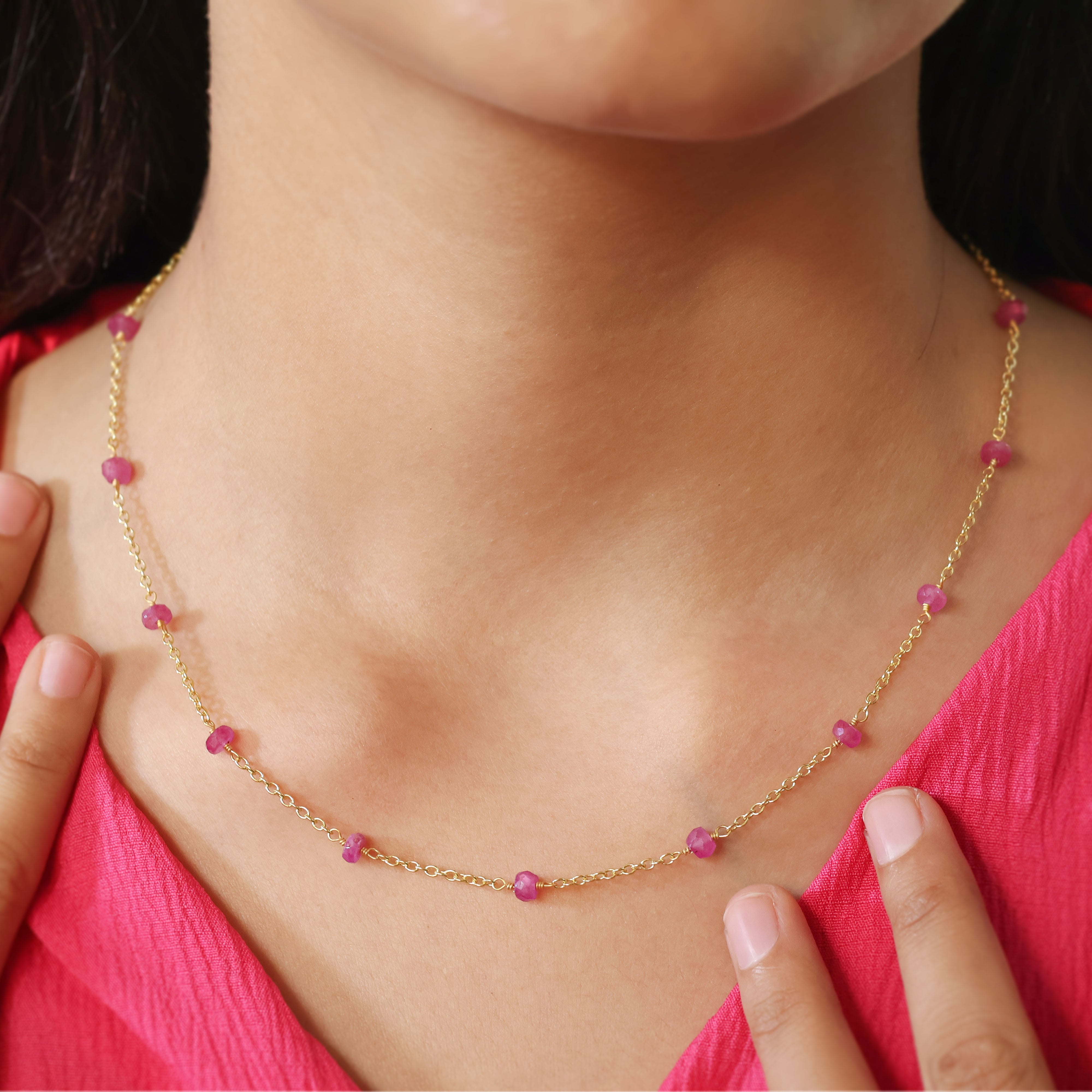 Beaded Chain Necklace for Women - Natural Pink Ruby Gemstone Jewelry | Perfect for Weddings, Parties & Everyday Elegance