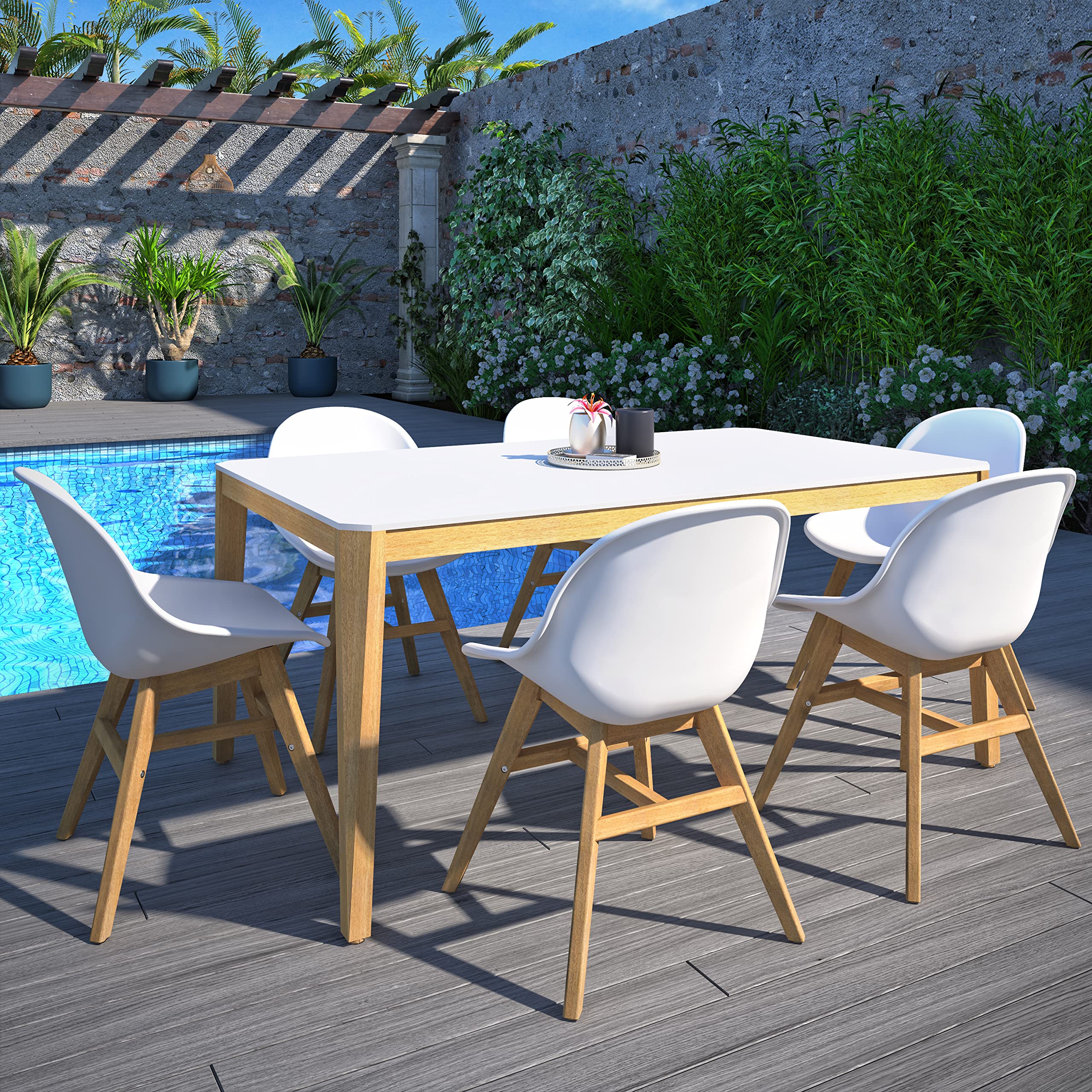 Urban Elements Eugène 7-Piece Outdoor Patio Dining Set - FSC Certified Eucalyptus Wood with Teak Finish - White Rectangular Table & Side Chairs for Backyard, Garden, and Poolside Entertaining