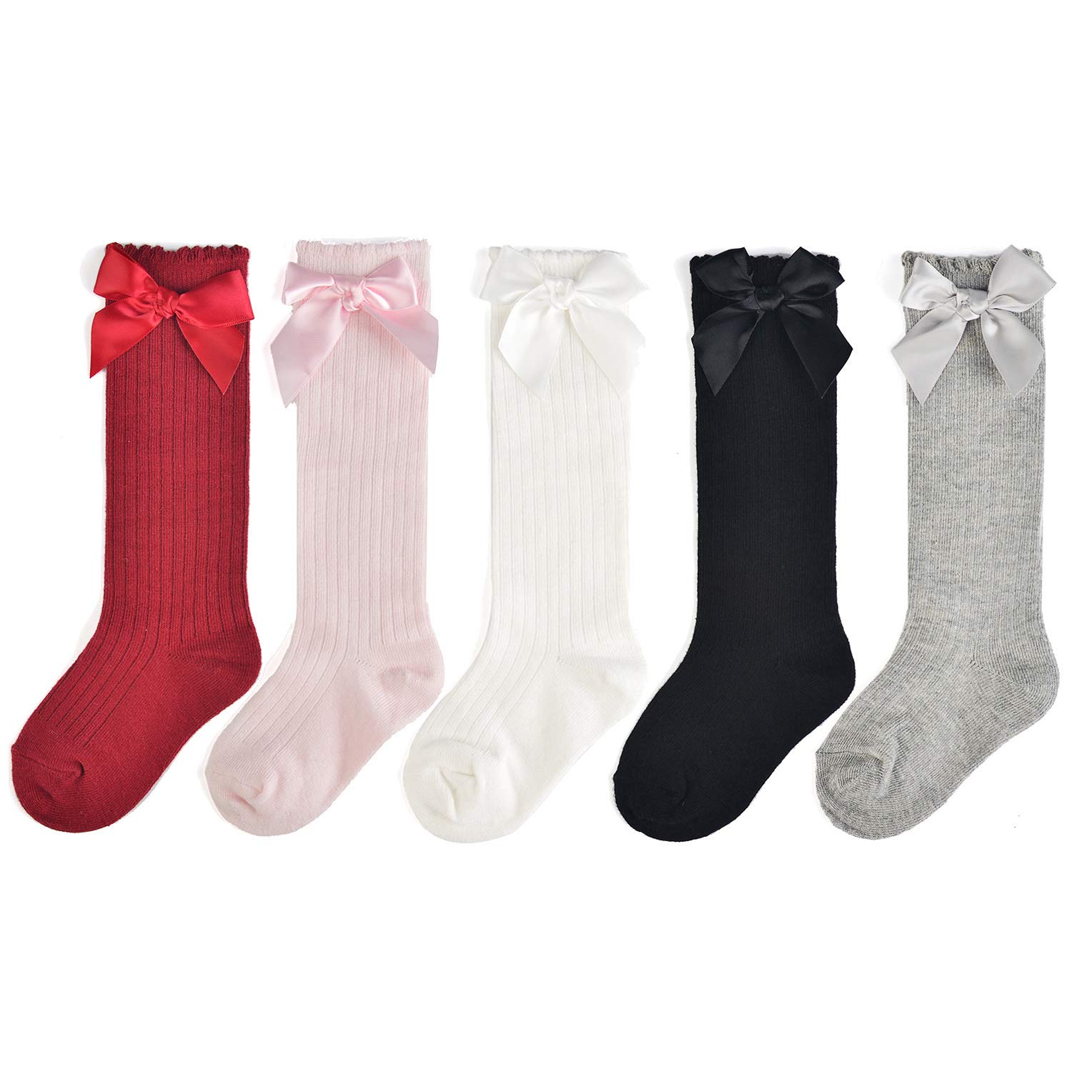 EPEIUS Baby Girls Knee High Cotton Socks - Soft Uniform Tube Socks with Ruffled Trim for Newborn, Infant & Toddler (Pack of 3/5) - Perfect for School, Dress-Up & Everyday Wear