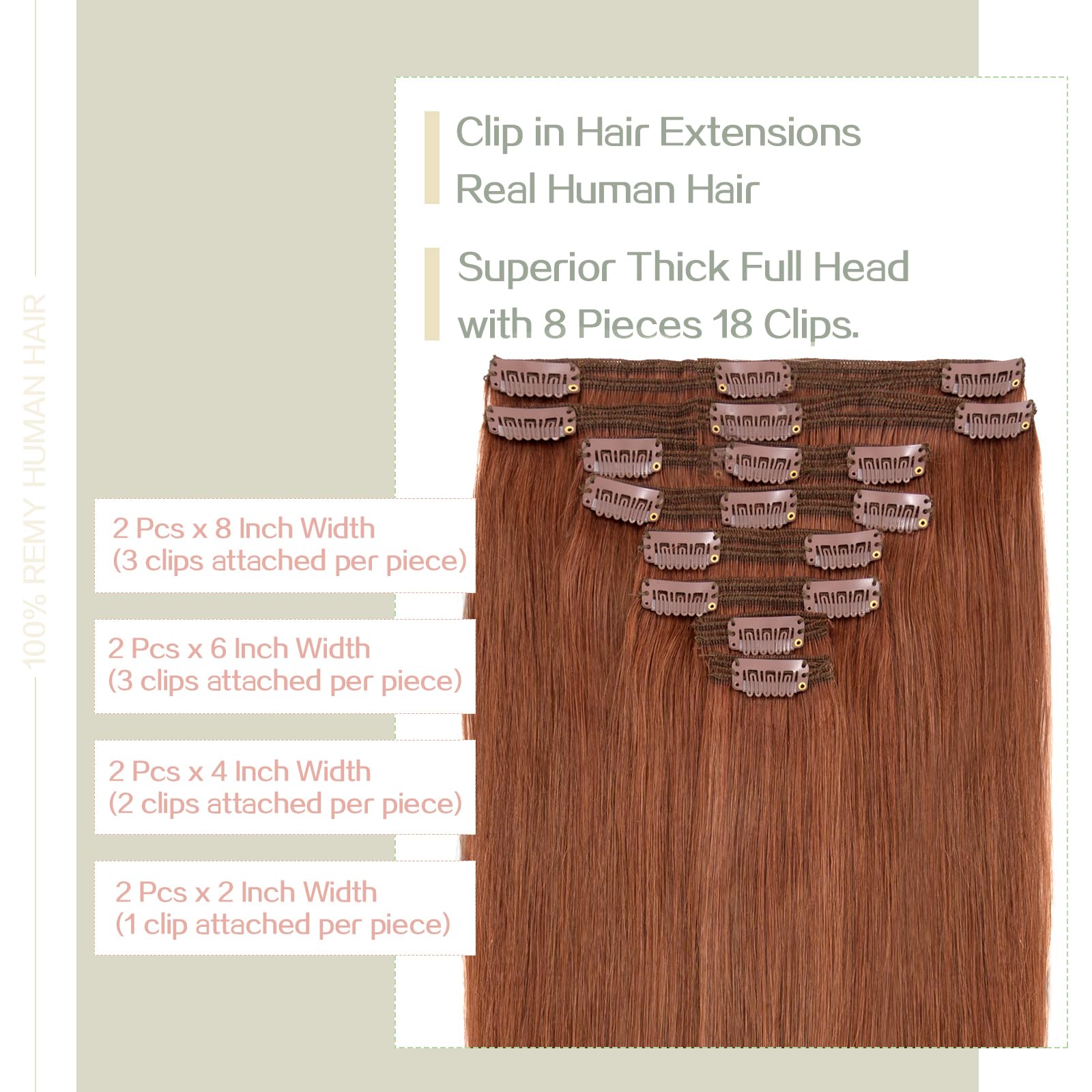 S-noilite 100% Remy Human Hair Clip-in Extensions - 8pc Double Weft Set, 18 Clips, 18 Inch 140g, Straight Silky Dark Auburn (#33) for Volume & Length - Perfect for Parties, Weddings & Daily Styling