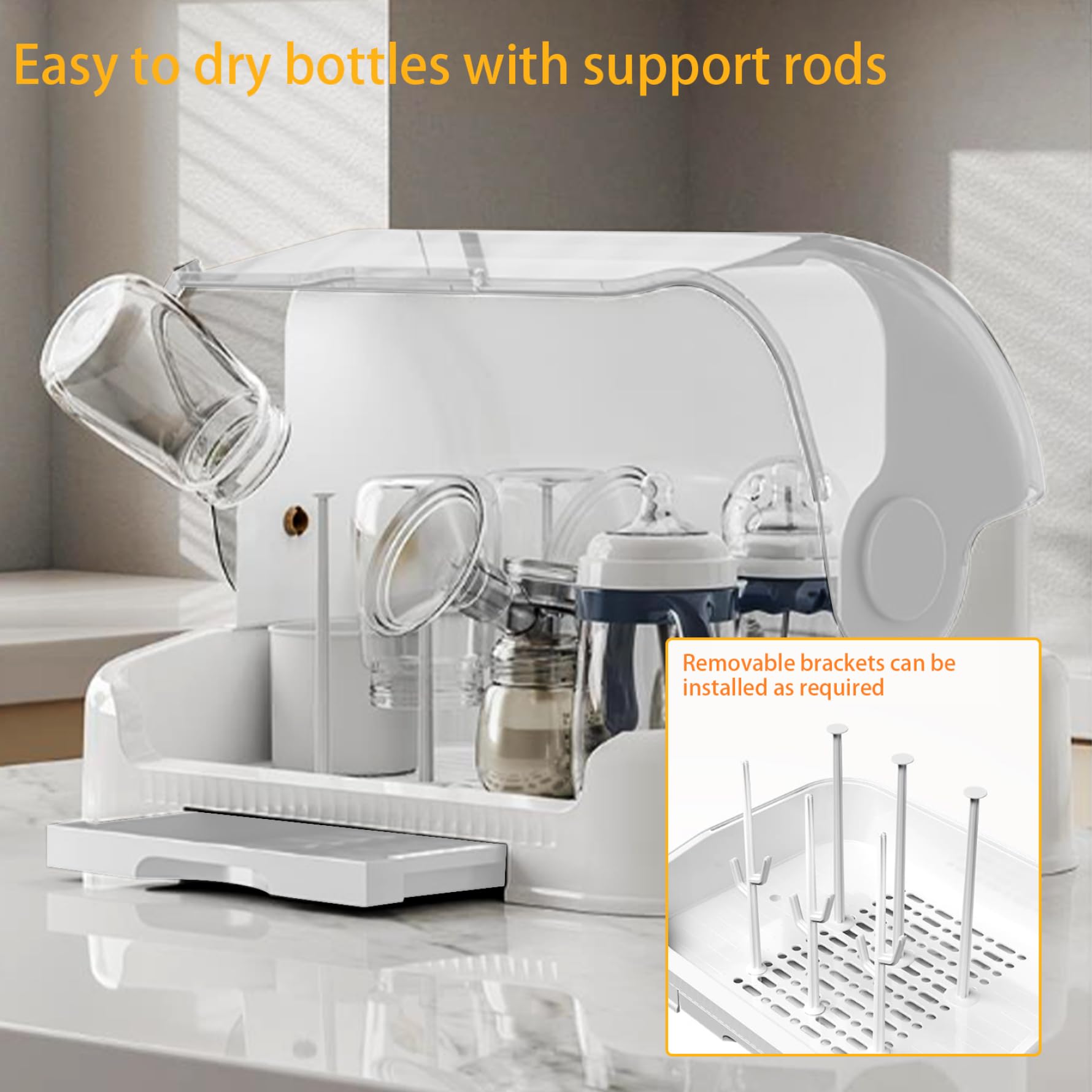 **Large Baby Bottle Organizer with Cover & Removable Drain Tray - Dustproof Portable Baby Bottle Drying Rack for Kitchen Cabinet - Perfect for Breastfeeding, Formula Storage & Baby Bottle Sterilization**