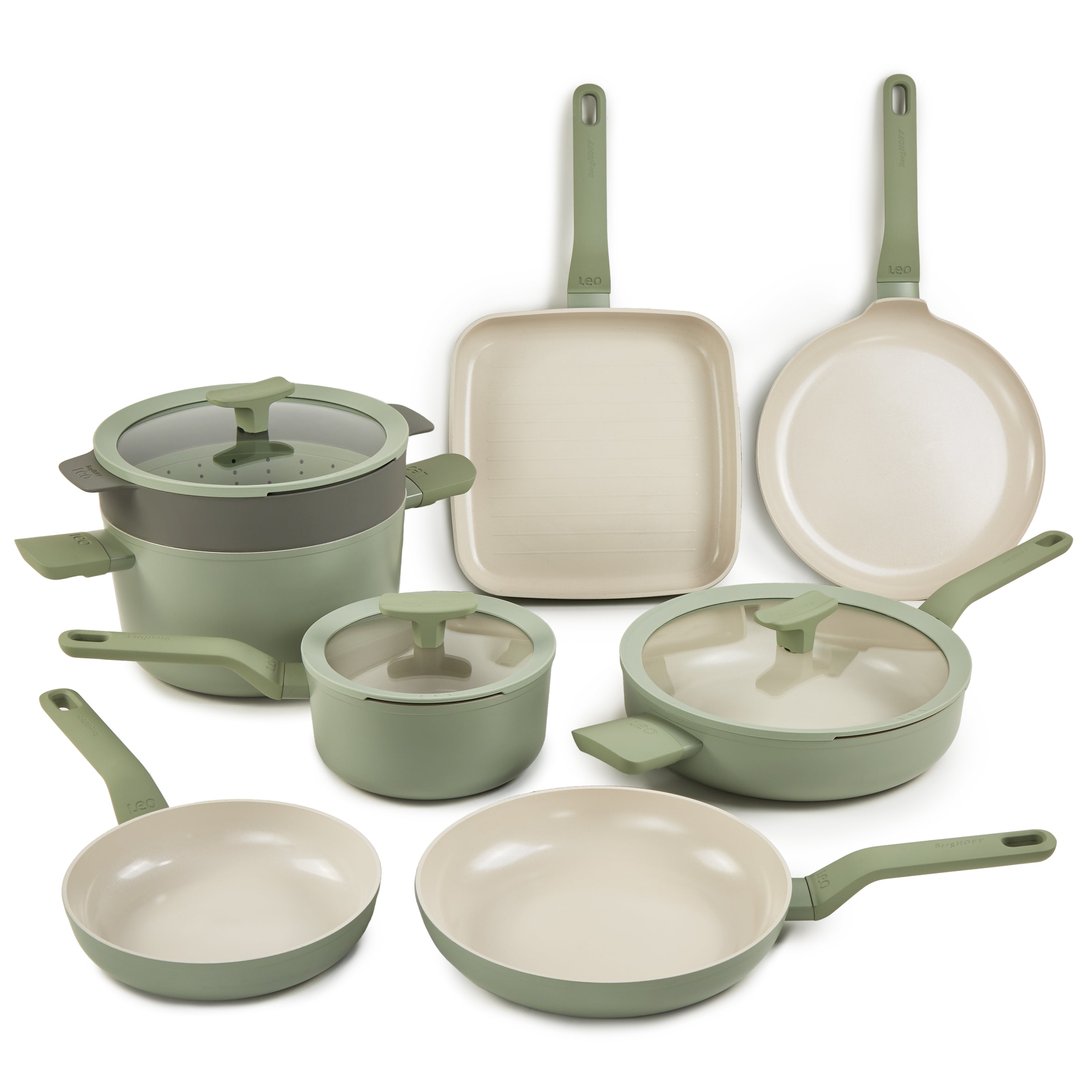 BergHOFF Leo Balance 11-Piece Nonstick Aluminum Cookware Set with Glass Lids - Sage Green | Durable Kitchen Pots & Pans for Cooking, Frying & Sauteing | Perfect for Home Chefs & Everyday Meals