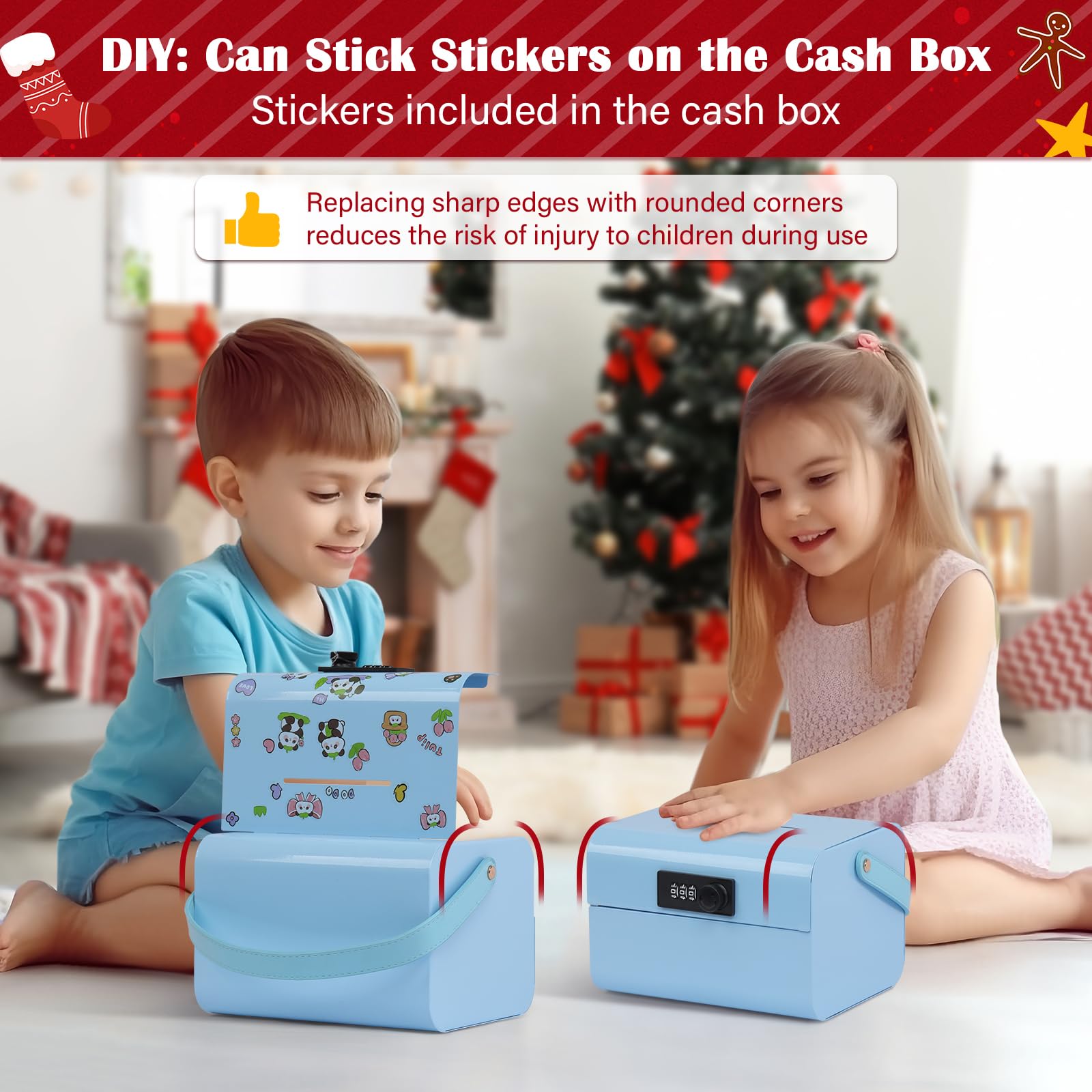 GOLDENKEY Kids Cash Box with Lock & Slot - Blue Metal Piggy Bank with Stickers for Boys & Girls - Portable Money Safe Box for Savings - Perfect Birthday Gift & Financial Learning Tool for Home, School & Playroom