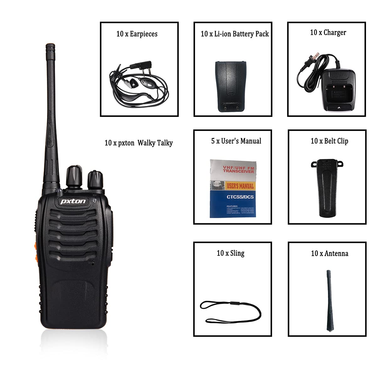 10 Pack Long Range Walkie Talkies for Adults - Rechargeable Two Way Radios with Headphones, 16 Channels, Flashlight & Li-ion Battery - Perfect for Outdoor Adventures, Construction Sites, and Emergency Communication