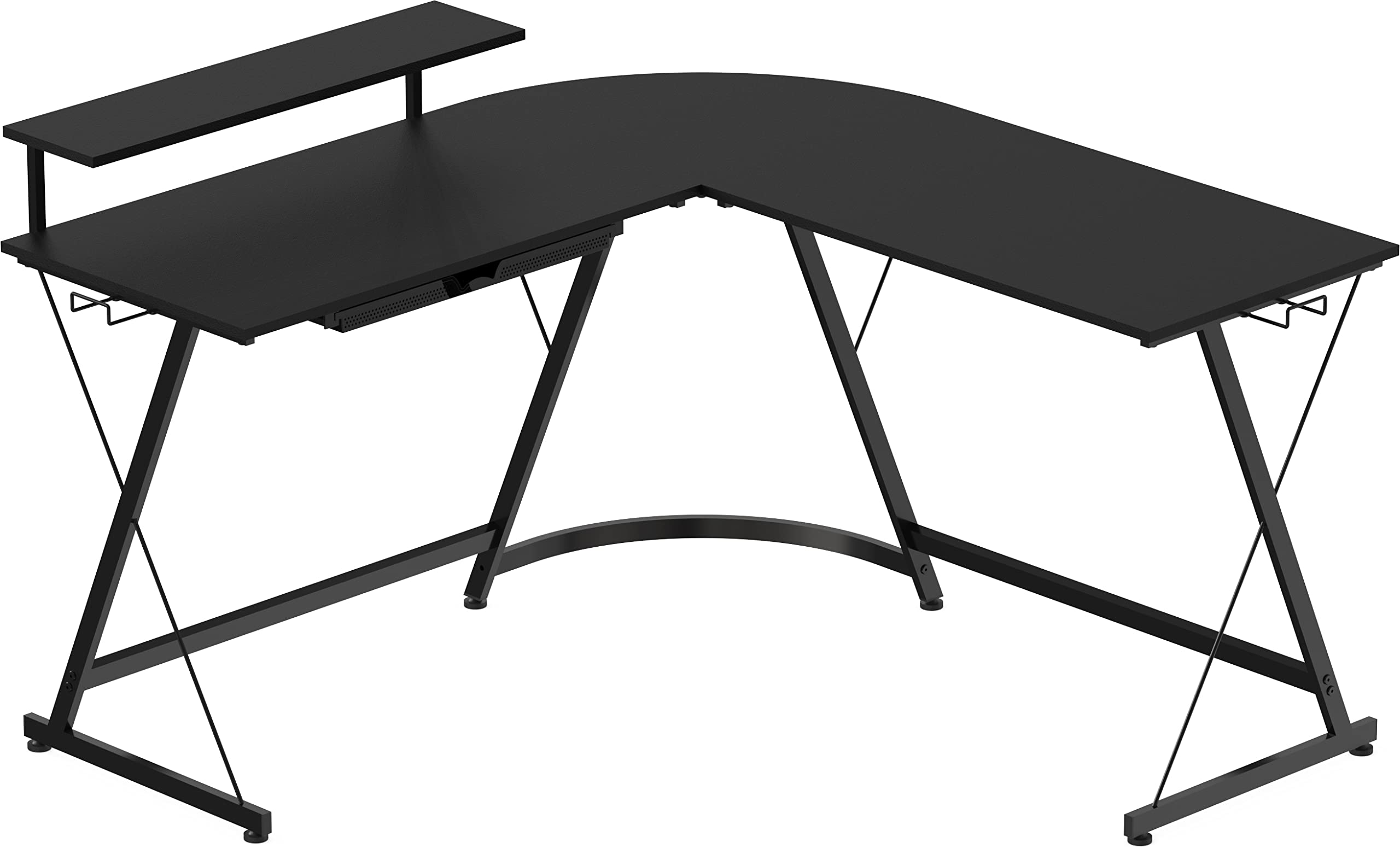 SHW Vista L-Shape Computer Desk with Monitor Stand - Black Home Office Desk for Gaming & Work, Ergonomic Study Desk for Small Spaces, Perfect for PC Setup & Remote Work