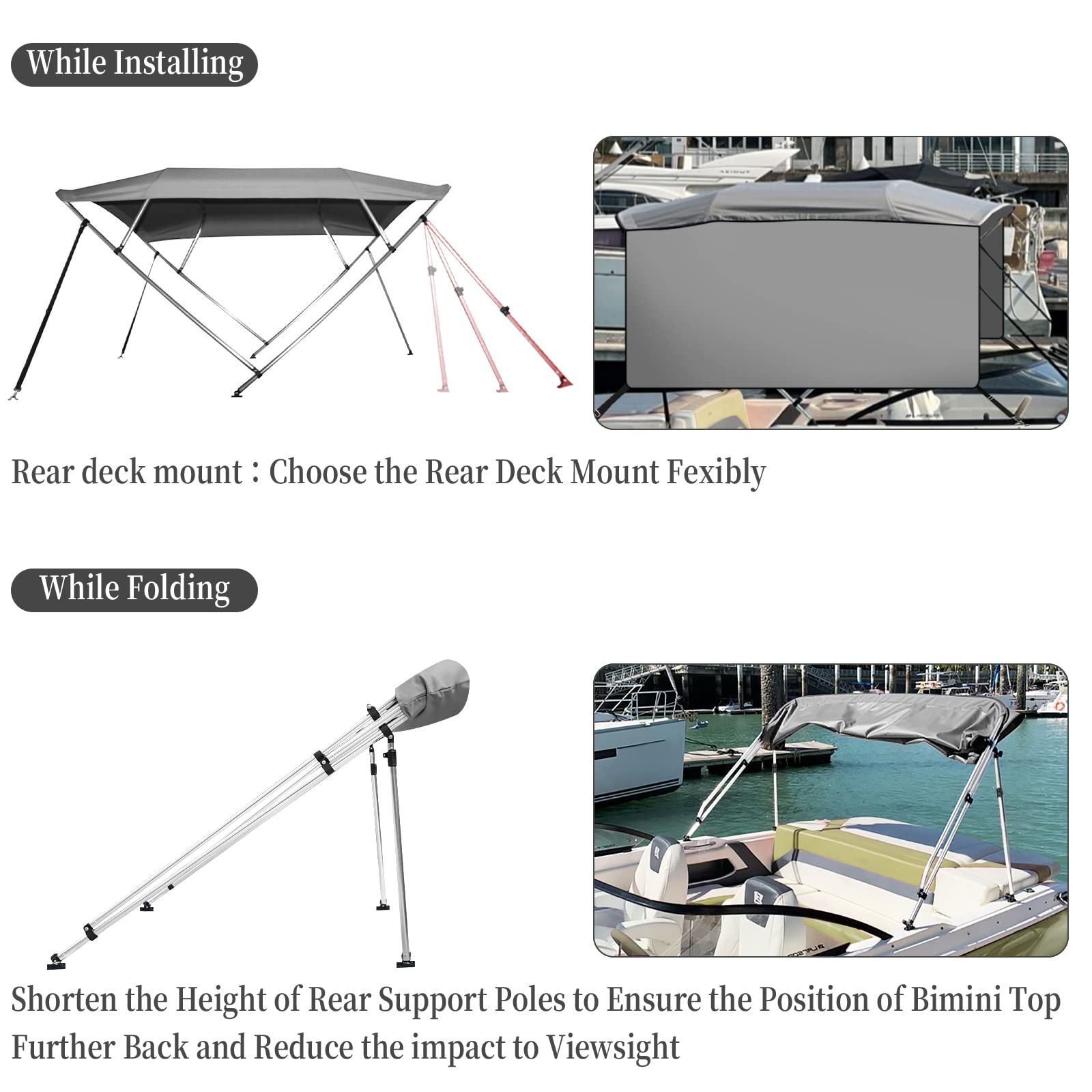 GARVEE 4 Bow Bimini Top Boat Cover - 8ft x 84in x 54in, 1 Inch Aluminum Alloy Frame, 2 Straps & Adjustable Rear Poles, Zippered Storage Boot, PU Coating Canvas - Perfect for Pontoon, Fishing & Speed Boats