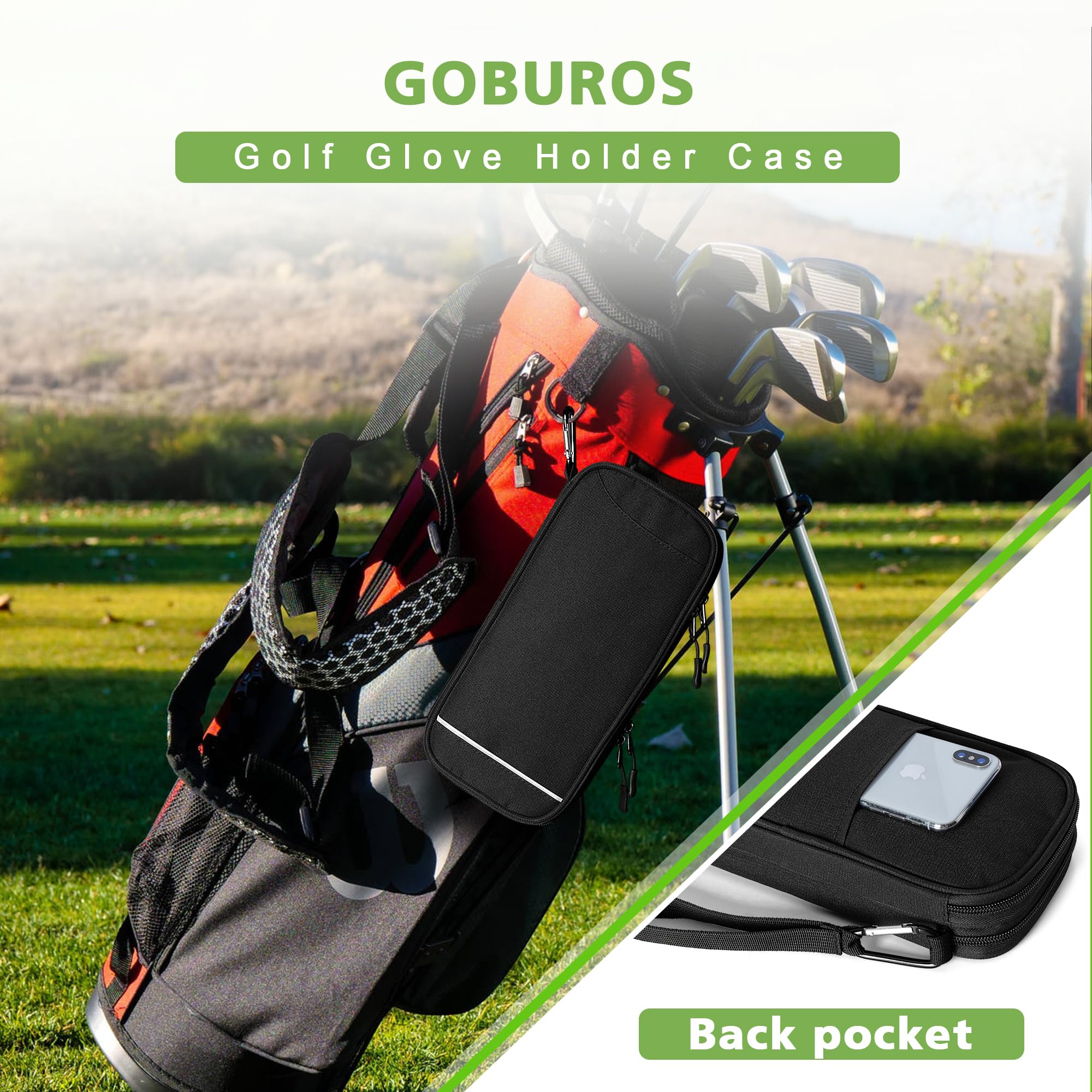 Premium Golf Glove Holder & Case with Hook – Includes Glove Stretcher, Storage for Tees, Ball Markers & Phone – Durable Golf Accessories Organizer for Golfers | Perfect for Driving Range, Practice & On-Course Essentials