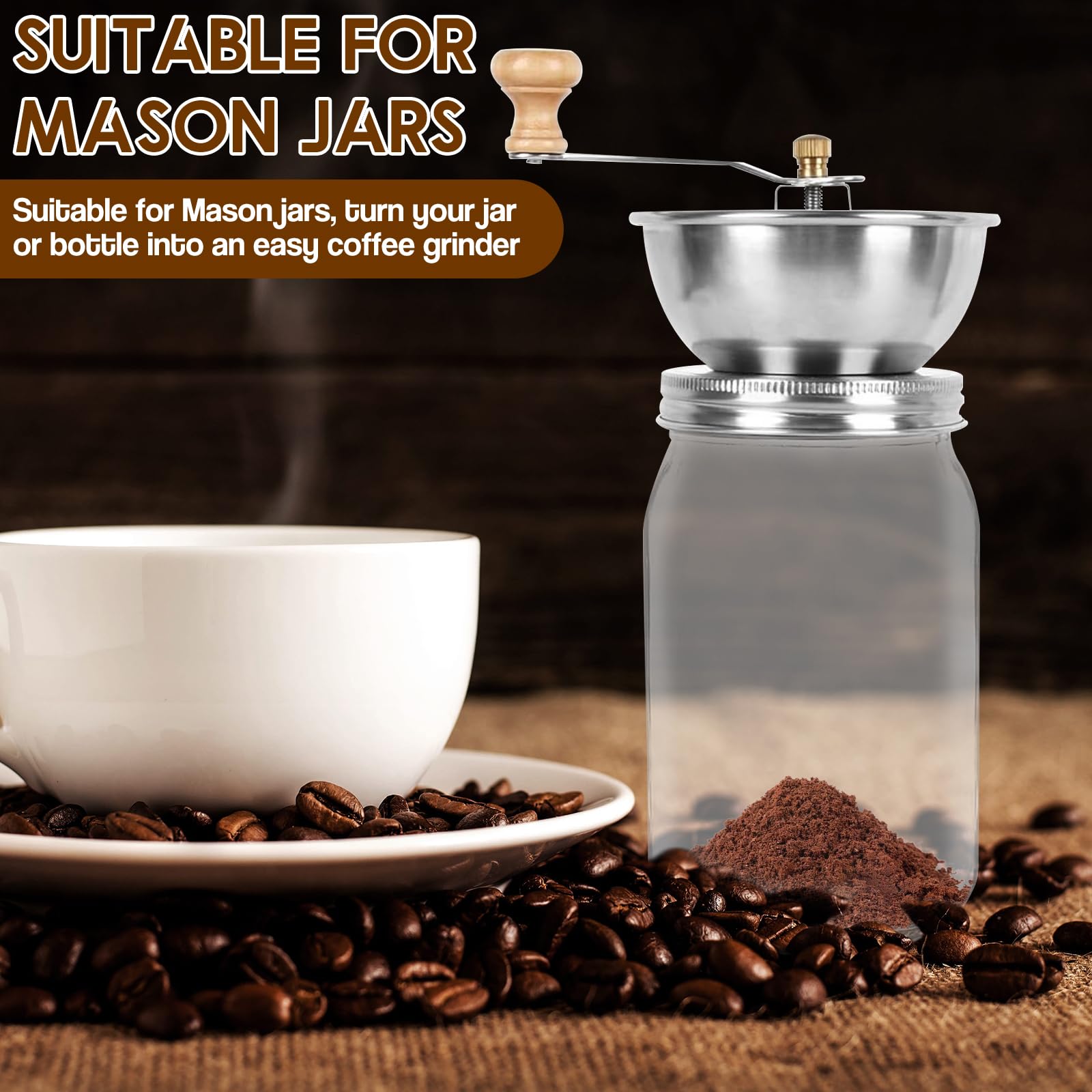 Premium Manual Coffee Grinder for Mason Jars - Stainless Steel Crank Handle & Detachable Lid - Compatible with Regular & Wide Mouth Jars (70mm) - Perfect for Camping, Travel & Home Brewing
