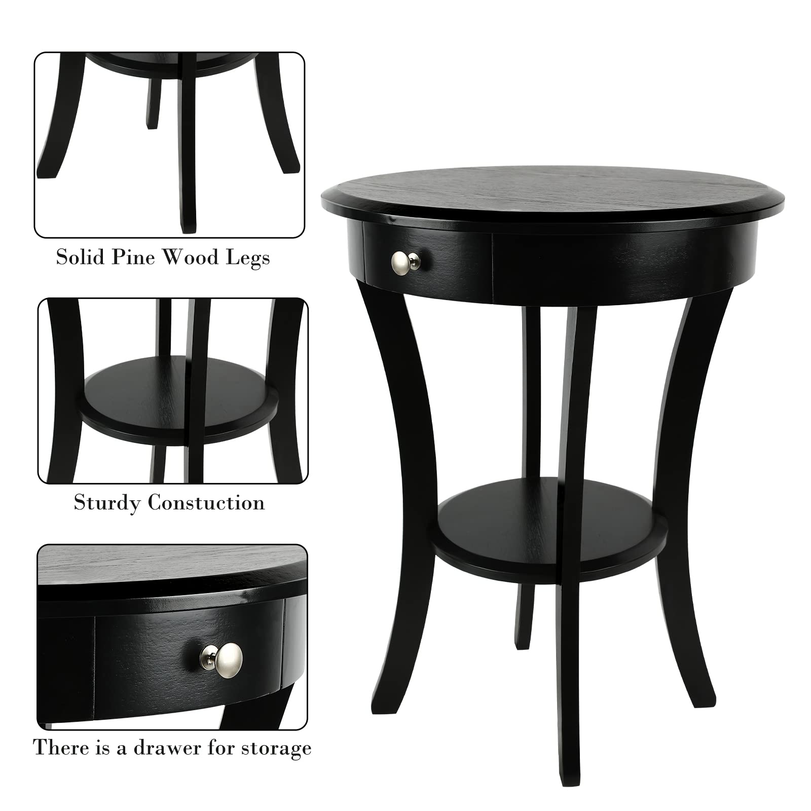 ECOMEX Round End Table with Drawer and Shelf - Solid Wood Side Table in Retro Country Classic Style - Perfect as Living Room Accent Table, Record Player Stand & Bedside Nightstand (Black)