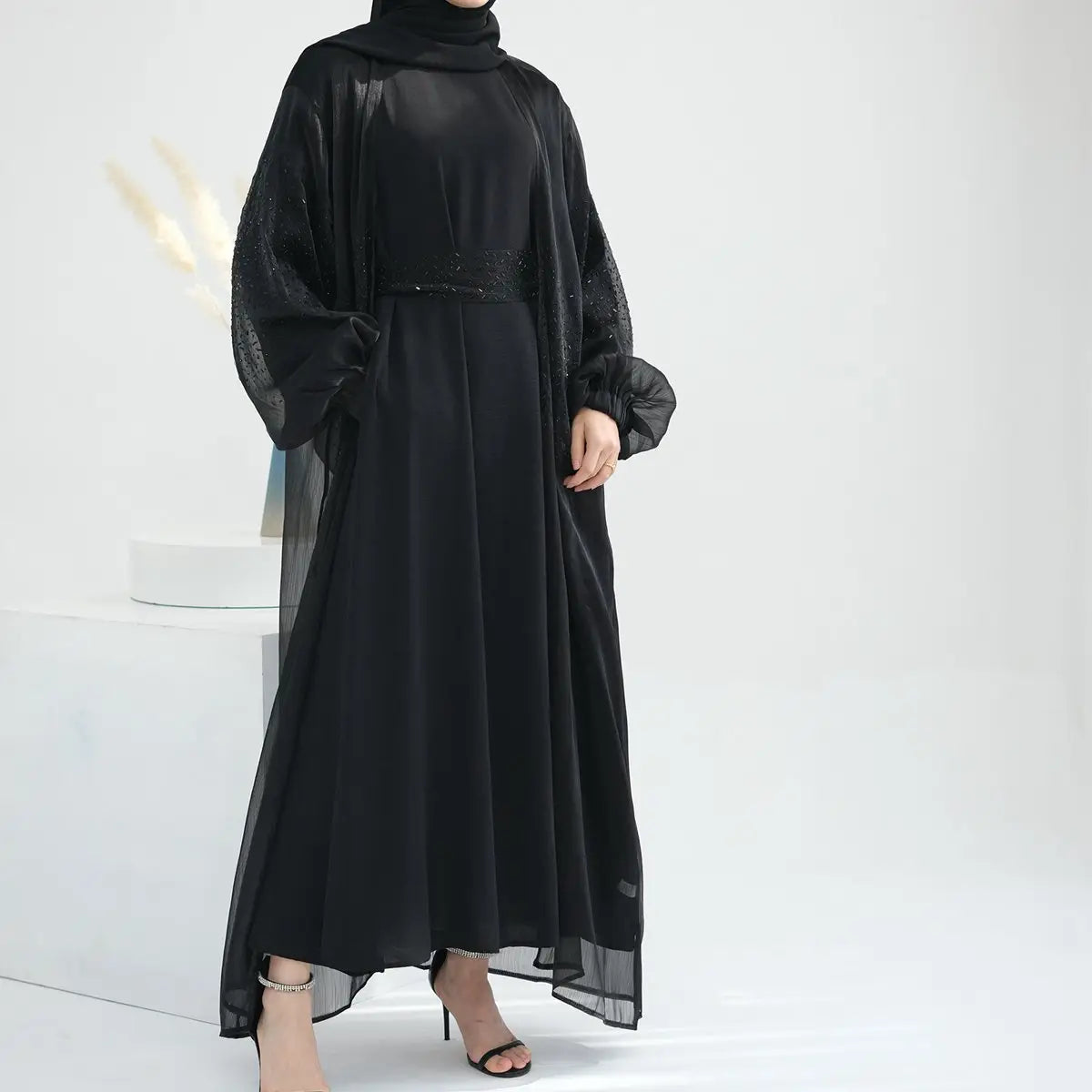 2 Piece Set Bright Wrinkle Puff Sleeve Open Abaya Dress - Elegant Muslim Women's Prayer Dress for Mosque, Eid & Special Occasions
