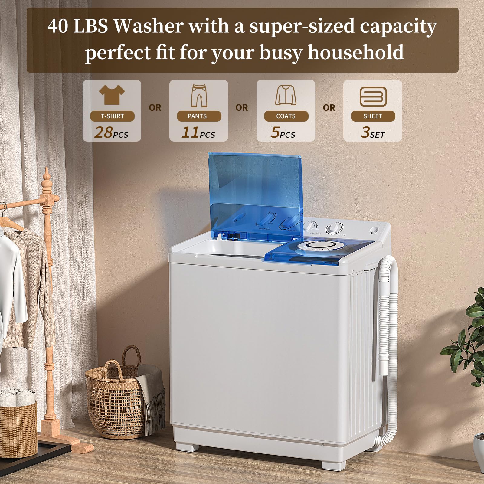 VCJ Portable Twin Tub Washing Machine - 40lbs Capacity Compact Laundry Washer & Spinner Combo (24Lbs Wash & 16Lbs Spin) for Apartments, RVs, Dorms - Perfect for Small Spaces & Travel Use