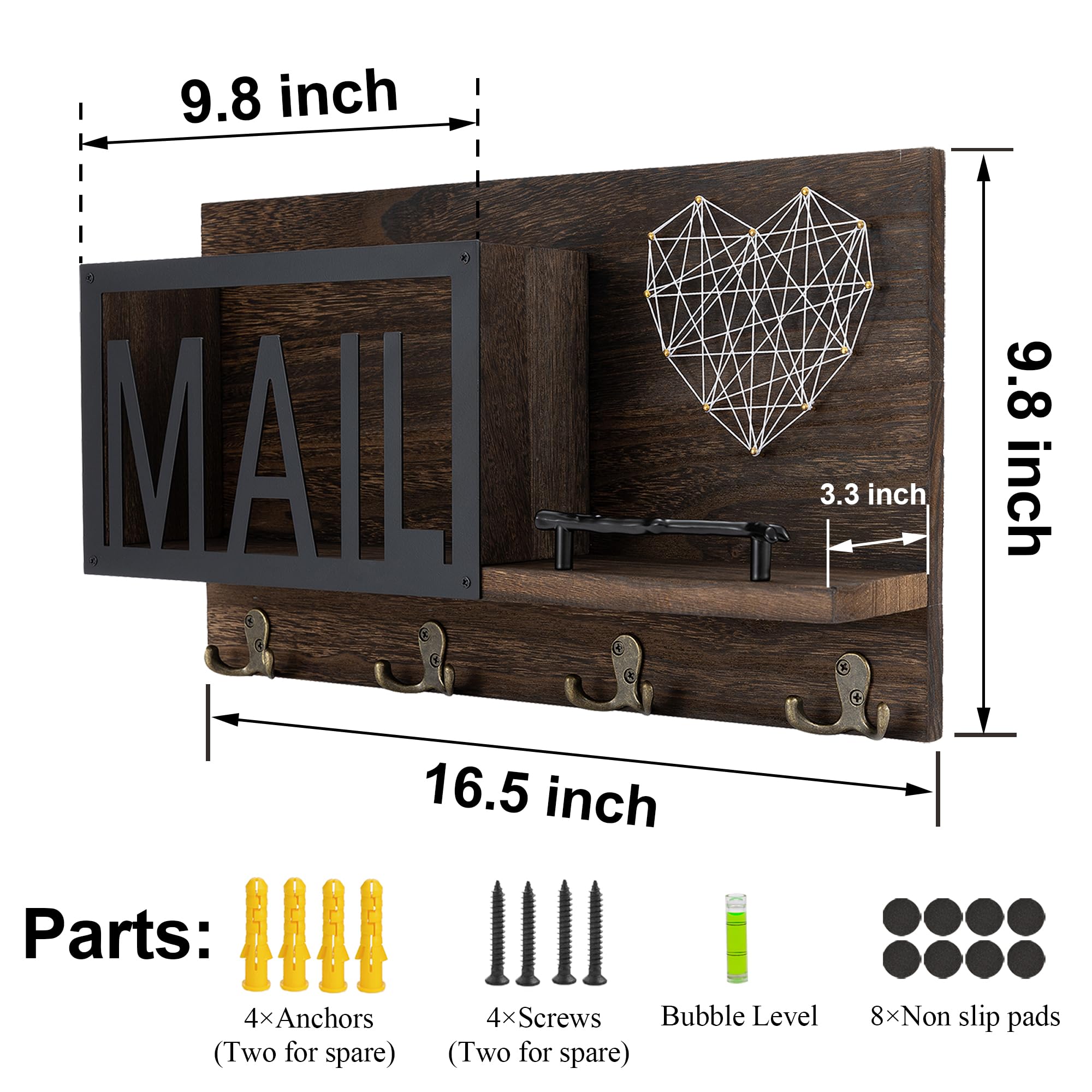 Rustic Wooden Mail Organizer with 4 Key Hooks - Dark Brown Entryway Wall Organizer for Keys, Letters & Bills | Perfect for Mudroom, Hallway or Home Office Decor