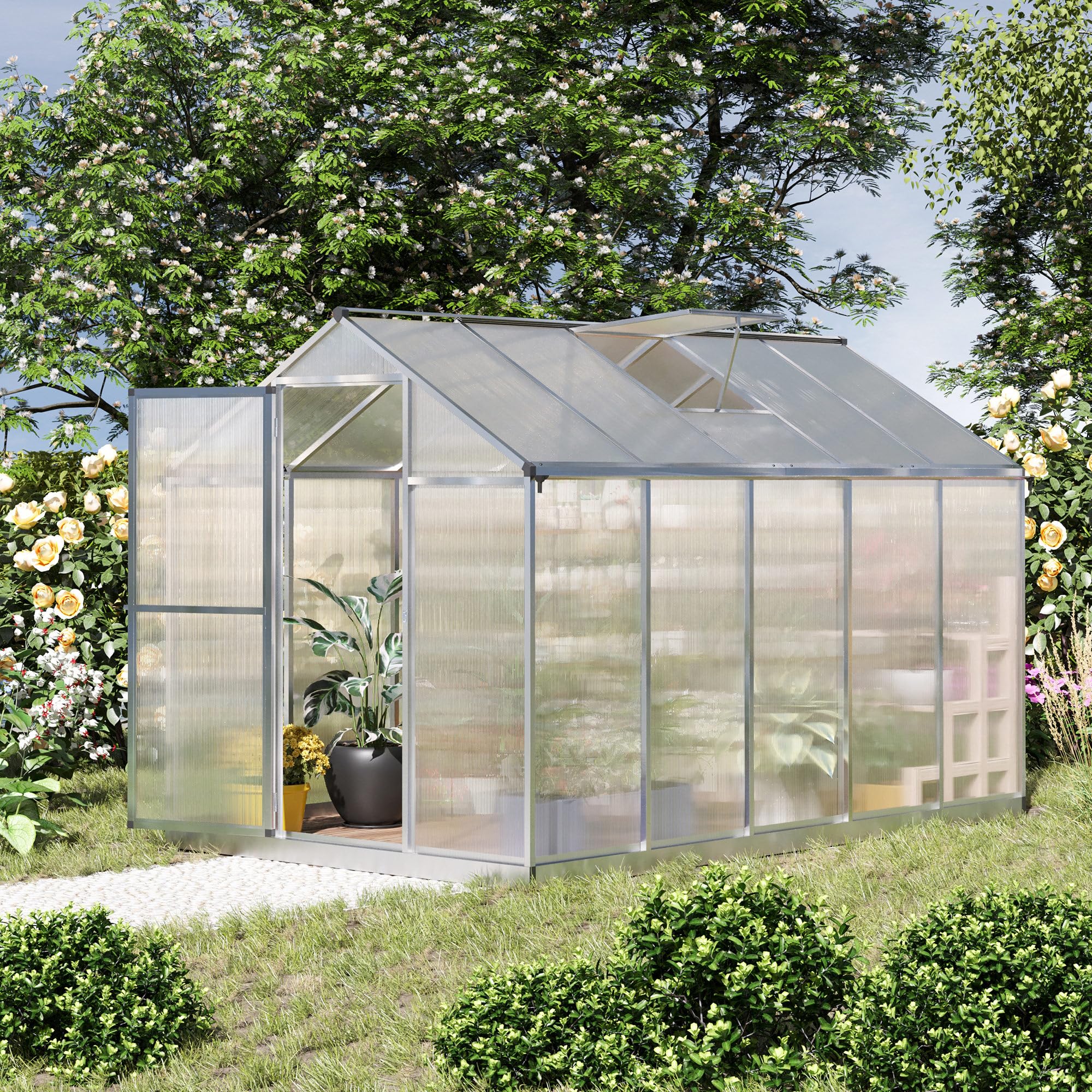 Outsunny 10' x 6' Polycarbonate Walk-in Greenhouse for Outdoor Gardening - Durable Aluminum Frame with Rain Gutter & Roof Vent - Perfect for Backyard, Patio & Home Garden Plant Growing