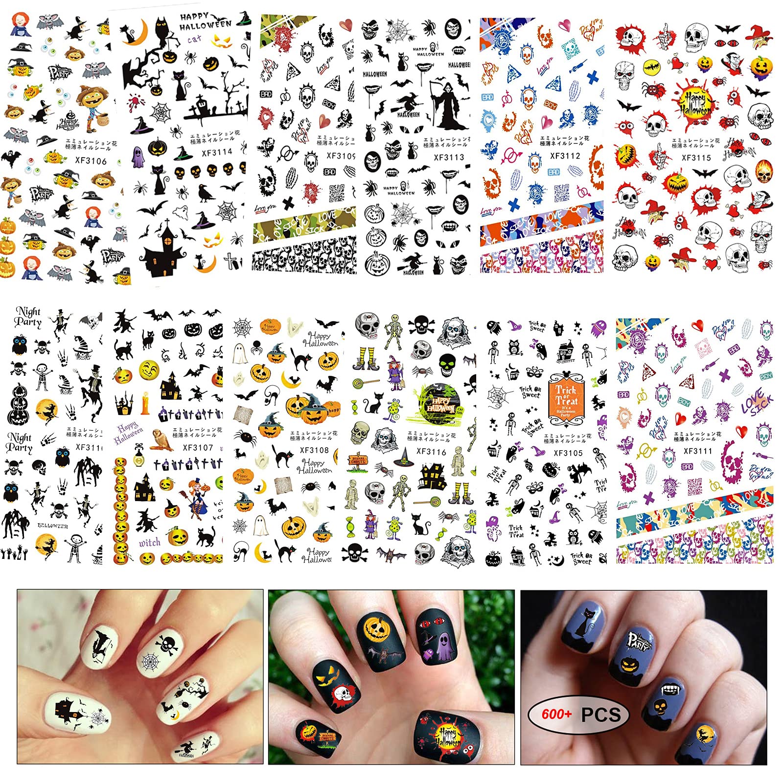 600+ Halloween 3D Nail Art Stickers - Self-Adhesive Pumpkin Skull Ghost Bat Nail Decals for Women, Girls & Kids - Perfect for Halloween Parties, DIY Nail Art & Costume Accessories