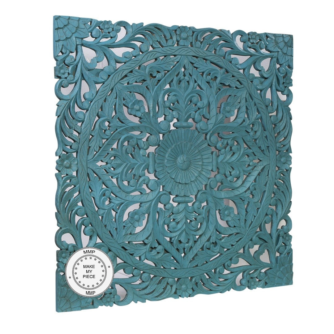 Hand Carved Indian Solid Wood Panel Bedhead in Blue - Traditional Dynasty Design for Bedroom Decor | Perfect for Master Bedroom, Guest Room & Bohemian Style Homes
