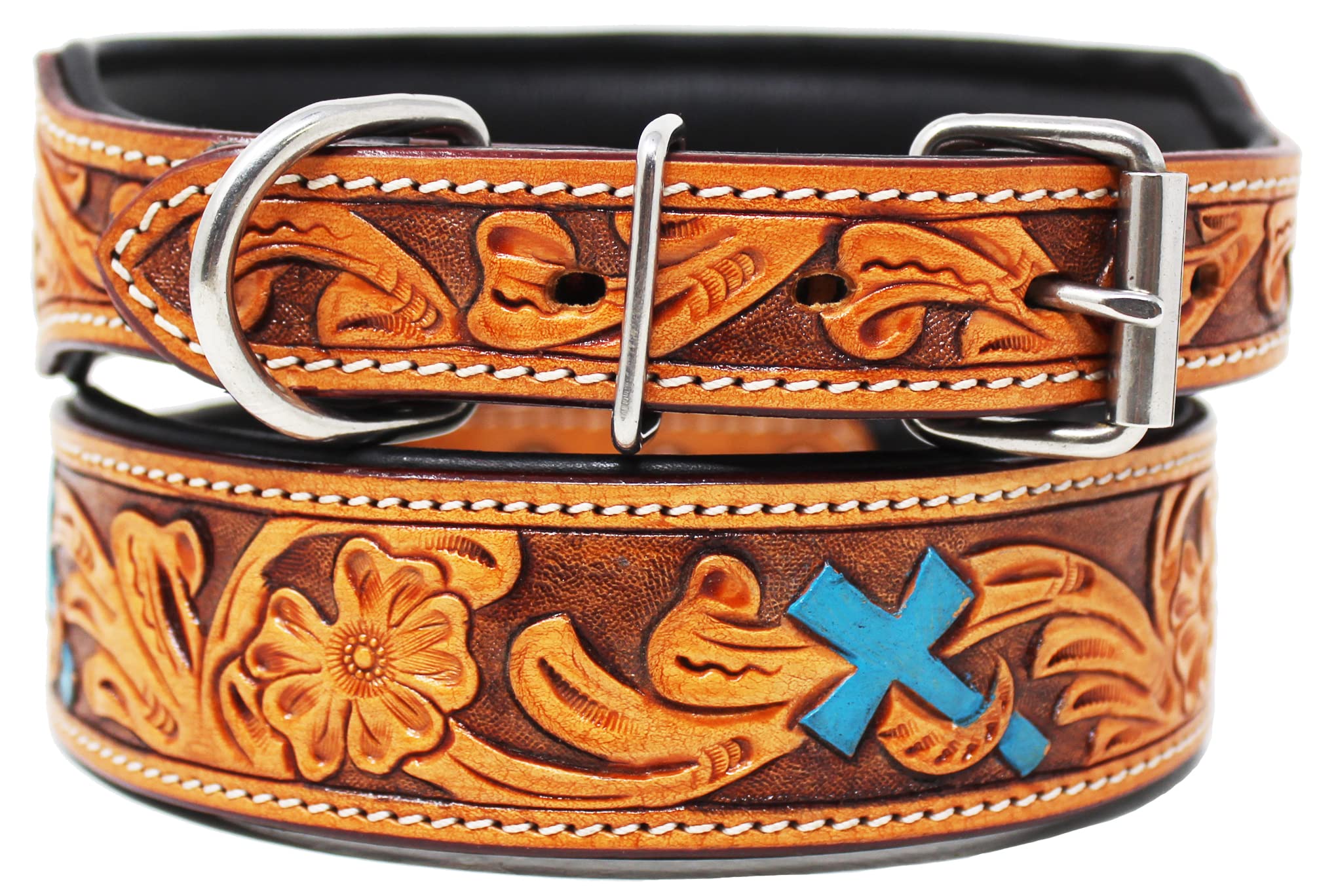 Hand-Tooled Floral Beaded Padded Leather Dog Collar - Durable & Stylish Pet Accessory for Small to Medium Dogs - Perfect for Walks, Training & Fashion Outfits