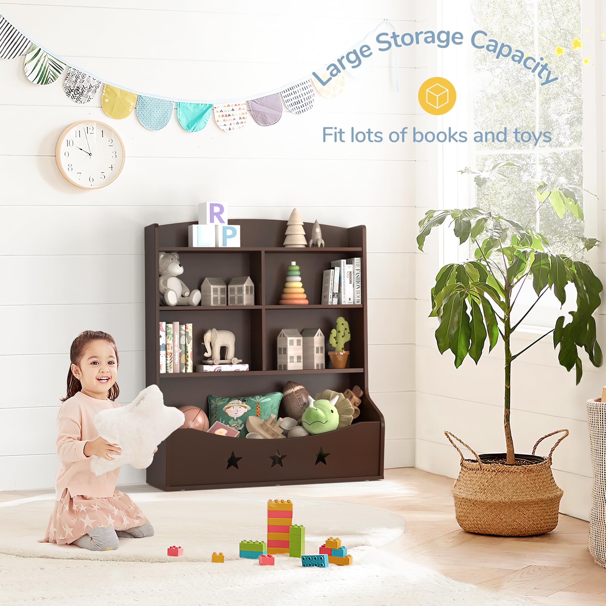 Wooden Kids Bookshelf - 3.5 Tier Bookcase with 5 Cube Storage Units & Star Pattern Design | Nursery, Bedroom, Playroom Organizer for Toys & Books | Durable Toy Storage Cabinet for Children's Rooms (Brown)