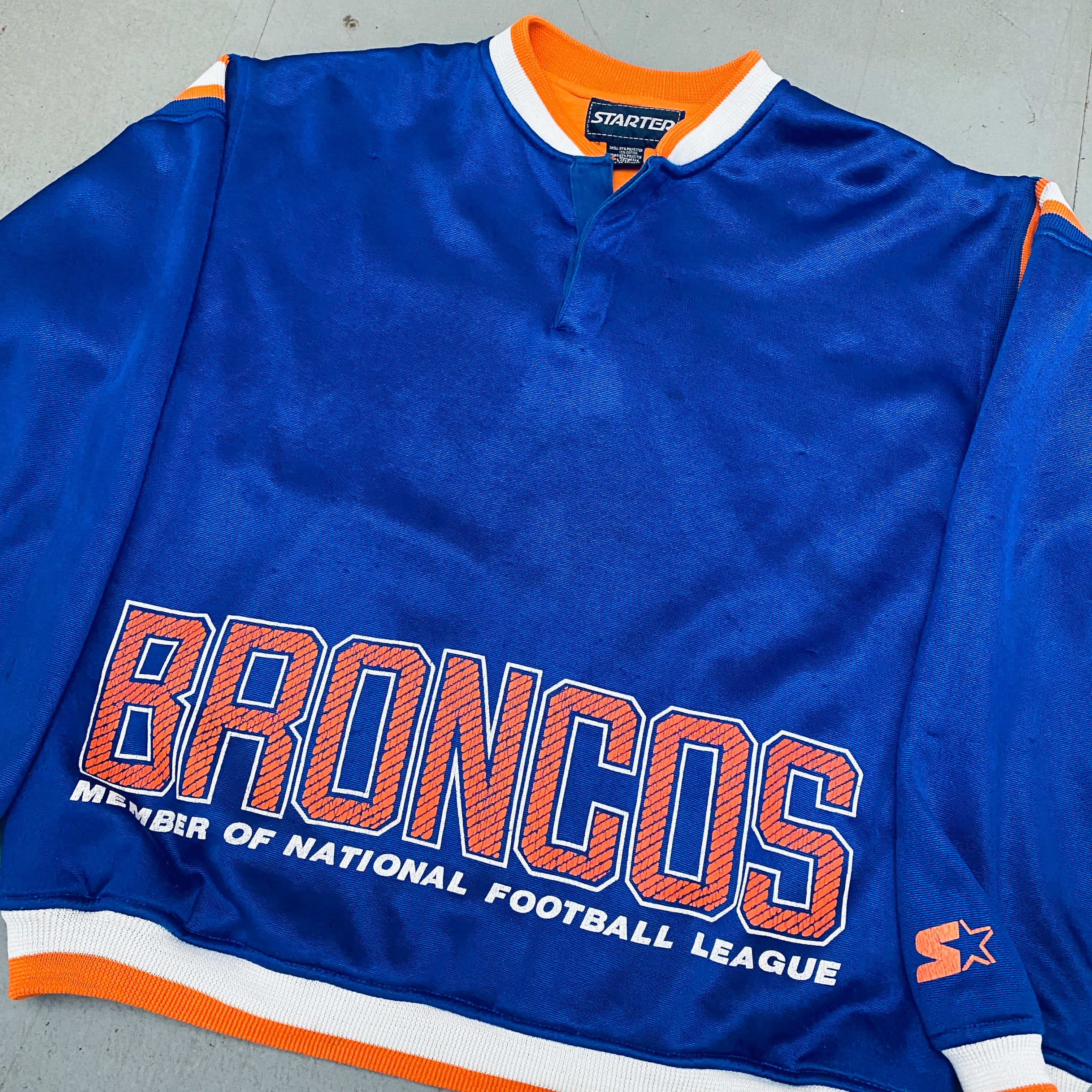 Vintage Denver Broncos 1980s Button-Up Graphic Spellout Starter Sweatshirt (Large) - Perfect for Game Day, Retro Sports Fashion & Broncos Fan Gifts
