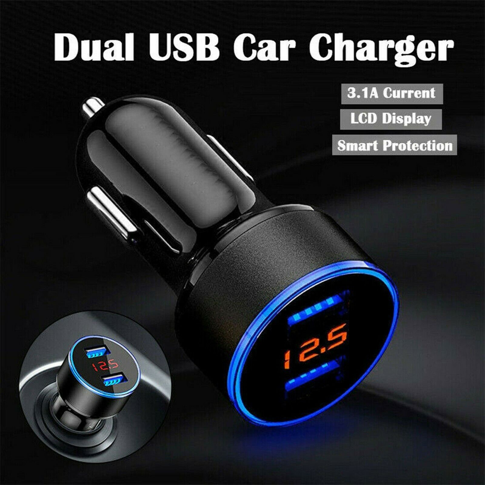 Fast Charging Dual USB Car Cigarette Lighter Charger - 2 Port 12V/24V LCD Display Car Adapter with 3-in-1 USB Cable for iPhone Android Devices - Perfect for Road Trips, Commuting & Travel Accessories