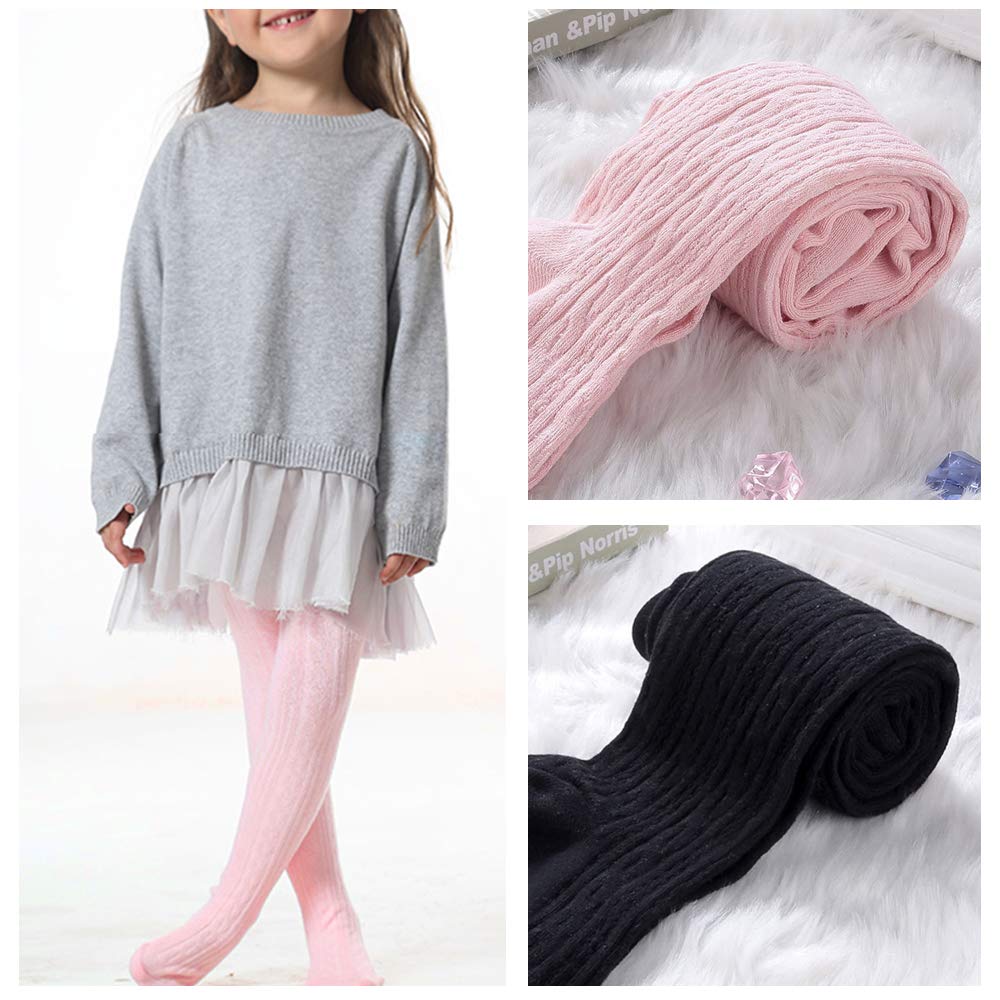 TechCity Girls Tights - Seamless Cotton Cable Knit Leggings for Toddlers 2-14 Years | Soft Pantyhose & Stockings for School, Play & Winter Outfits