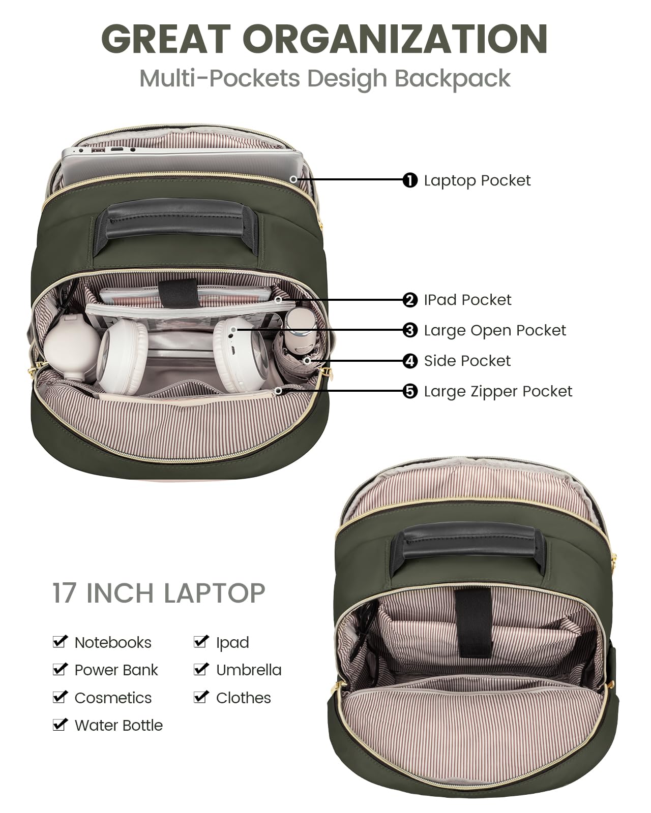 LOVEVOOK Women's 17-inch Laptop Backpack - Stylish Army Green Travel Computer Bag for College, School, and Outdoor Adventures, Perfect for Work, Study, and Daily Commute
