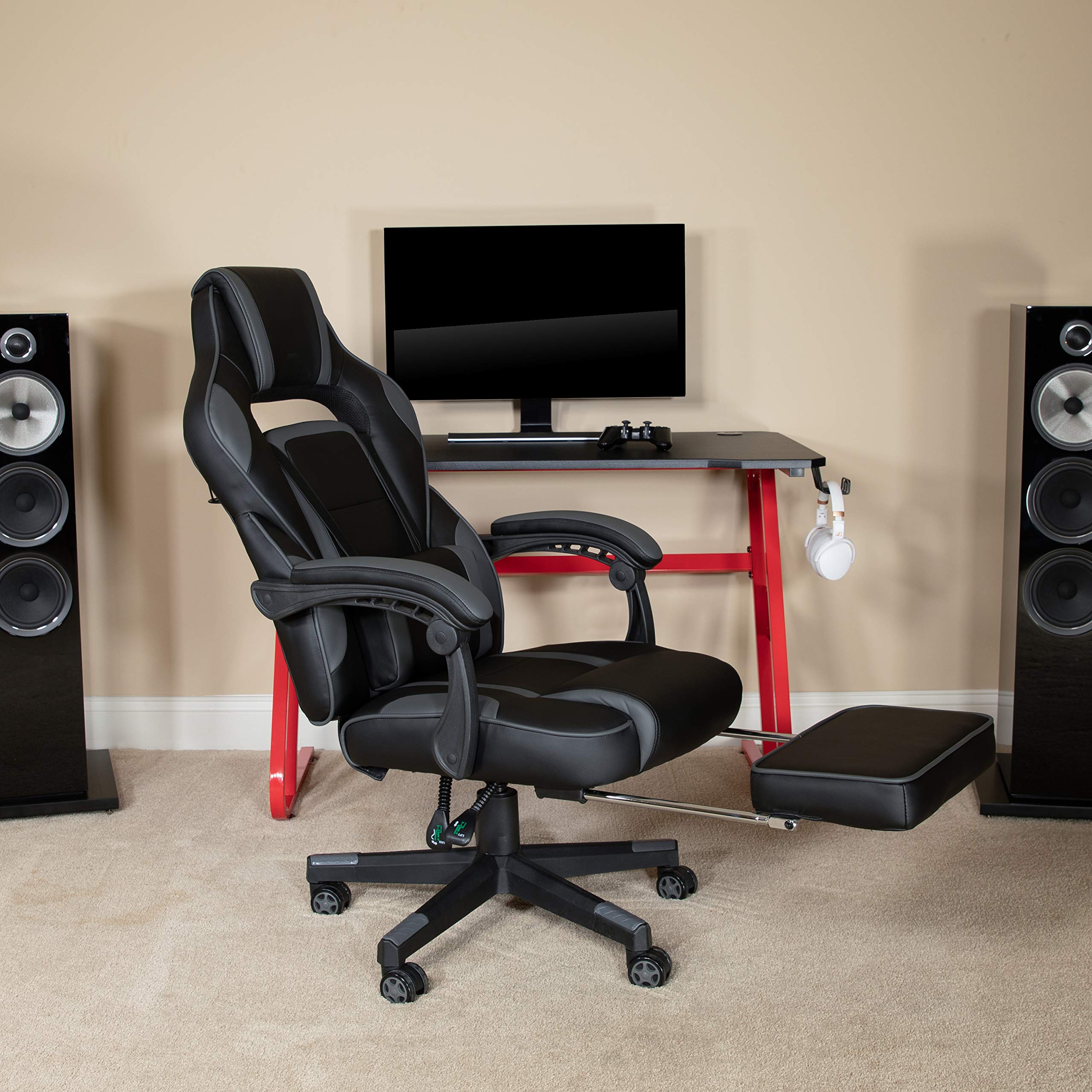 EMMA + OLIVER Black/Gray Ergonomic Gaming Chair with Adjustable Recline Back, Arms & Footrest - Massaging Lumbar Support for PC Gamers & Office Workers - Perfect for Long Gaming Sessions & Home Office Work