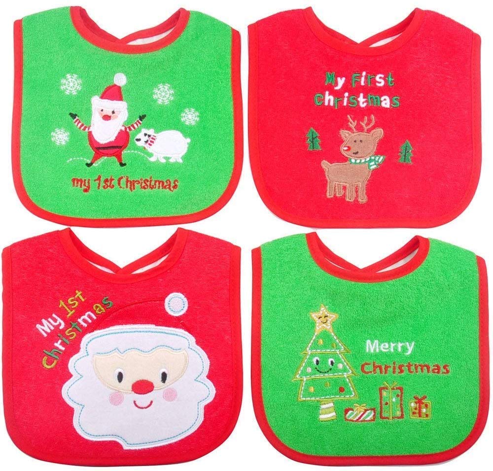 First Christmas Baby Bibs Set - 4 Pcs Red & Green Baby Bibs for Newborns & Toddlers - Perfect Christmas Gift for Babies - Ideal for Feeding, Drooling & Holiday Photos