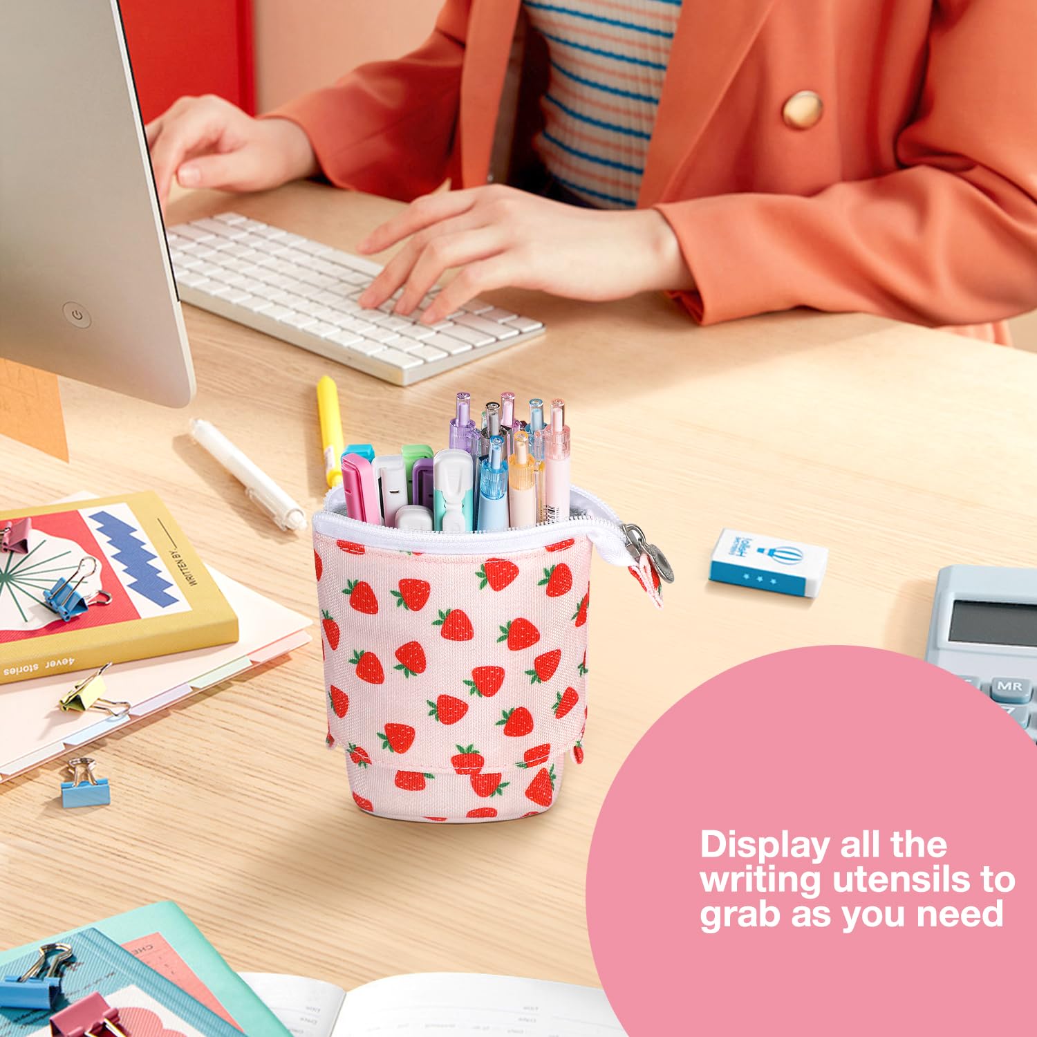 Kawaii Standing Pencil Case for Kids - Bubble Tea Pen Holder & Makeup Pouch (Strawberry) for School & Office