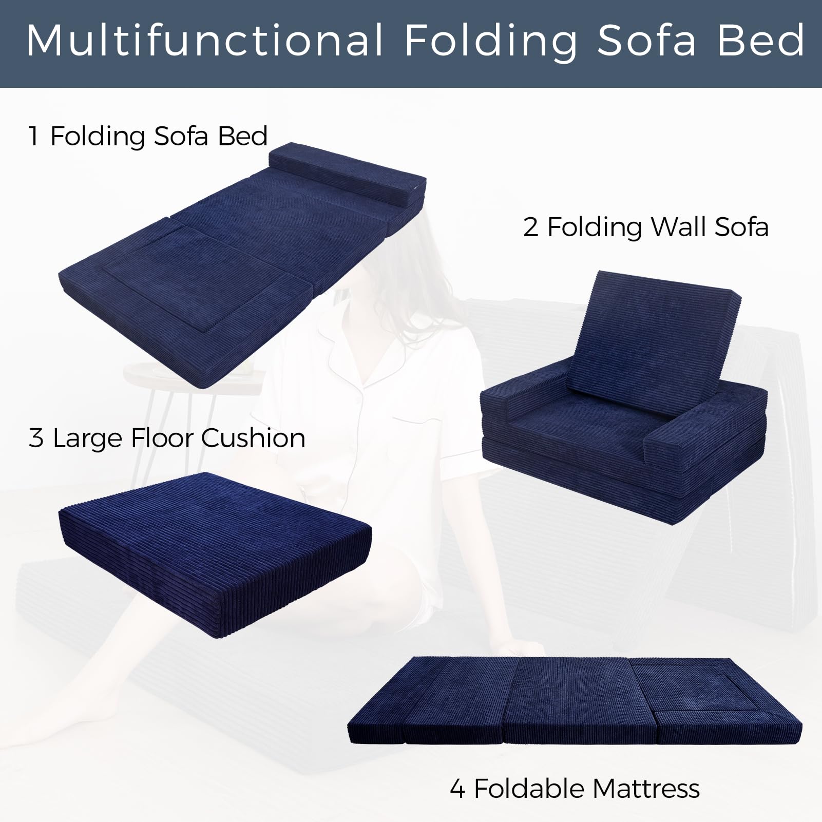 MAXYOYO Multifunctional Folding Sofa Bed - Convertible Sleeper Sofa, Portable Floor Couch & Futon Mattress for Small Spaces, Guest Rooms & Apartments - Navy Blue | Perfect for Overnight Guests, Studio Living & Lounge Areas