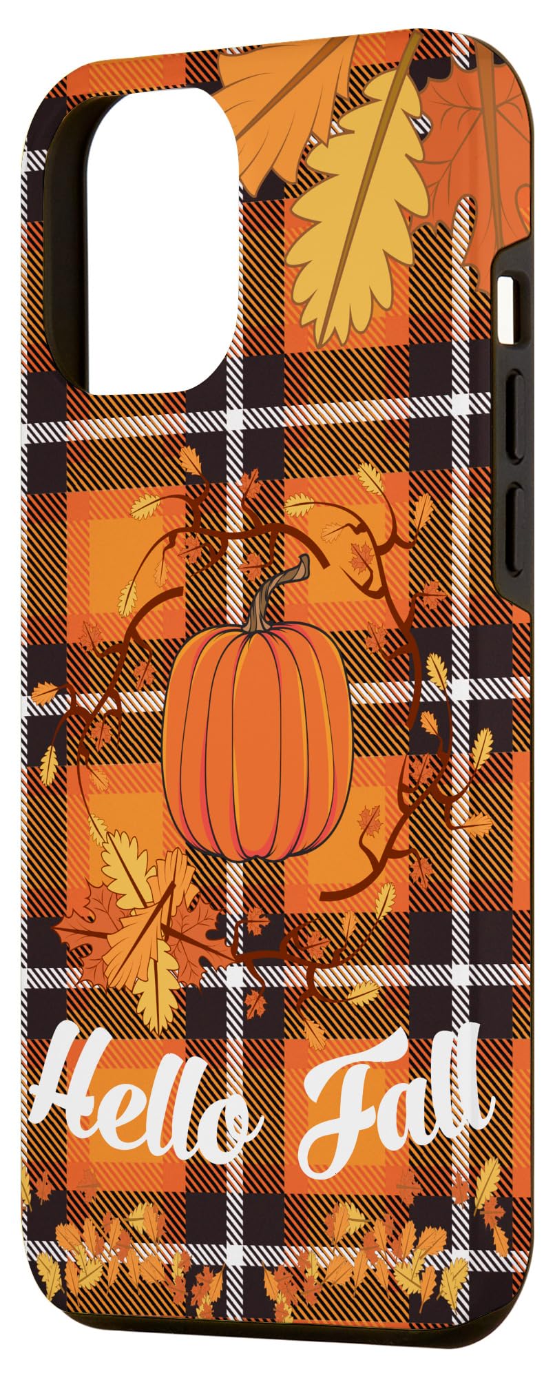 iPhone 12 Pro Max Case - Halloween Pumpkin & Fall Leaves Design, Black & Orange Plaid Pattern - Durable Protective Cover for Autumn Season & Holiday Parties