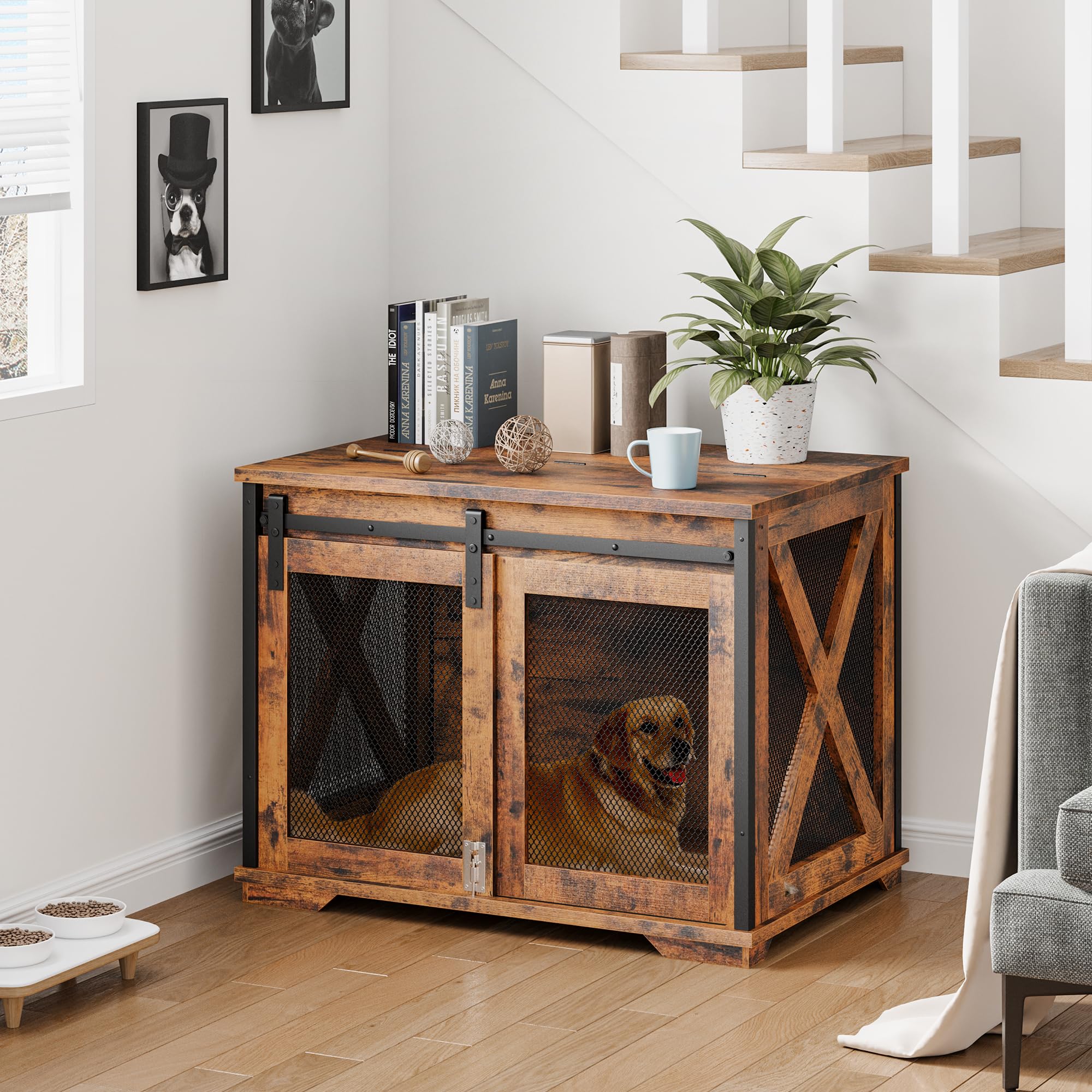 GAOMON Sliding Doors Wooden Dog Crate Furniture with End Table & Flip-Top Plate - Indoor Rustic Brown Pet Kennel for Small to Medium Dogs | Perfect for Living Room, Bedroom & Home Decor