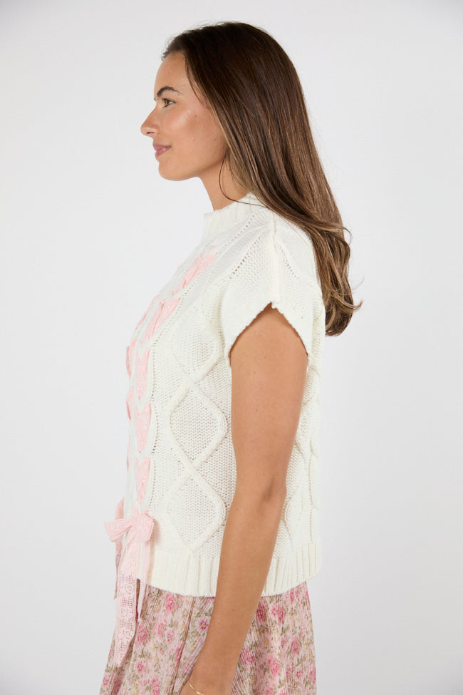 Ivory and Pink Cable Knit Sweater with Lace Bow Detail - Cozy Winter Pullover for Women | Perfect for Holiday Parties, Office Wear & Casual Outings