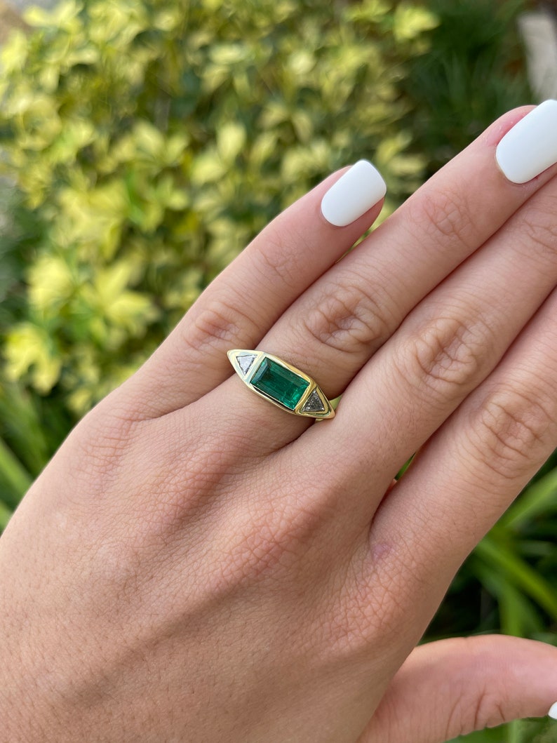2.35tcw 18K Gold AAA Quality Three Stone Baguette Vivid Emerald & Trillion Cut Diamond Gypsy Ring for Women - Elegant Wedding, Engagement & Anniversary Jewelry Gift