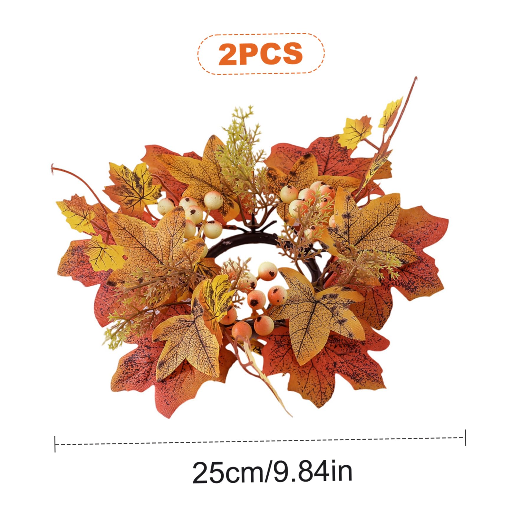 2Pcs Fall Candle Rings 9.8 Inch - Autumn Maple Leaf Wreath for Pillar Candles, Thanksgiving Table Centerpiece Decor, Seasonal Home Decor for Thanksgiving, Fall Mantel, and Holiday Dining Table