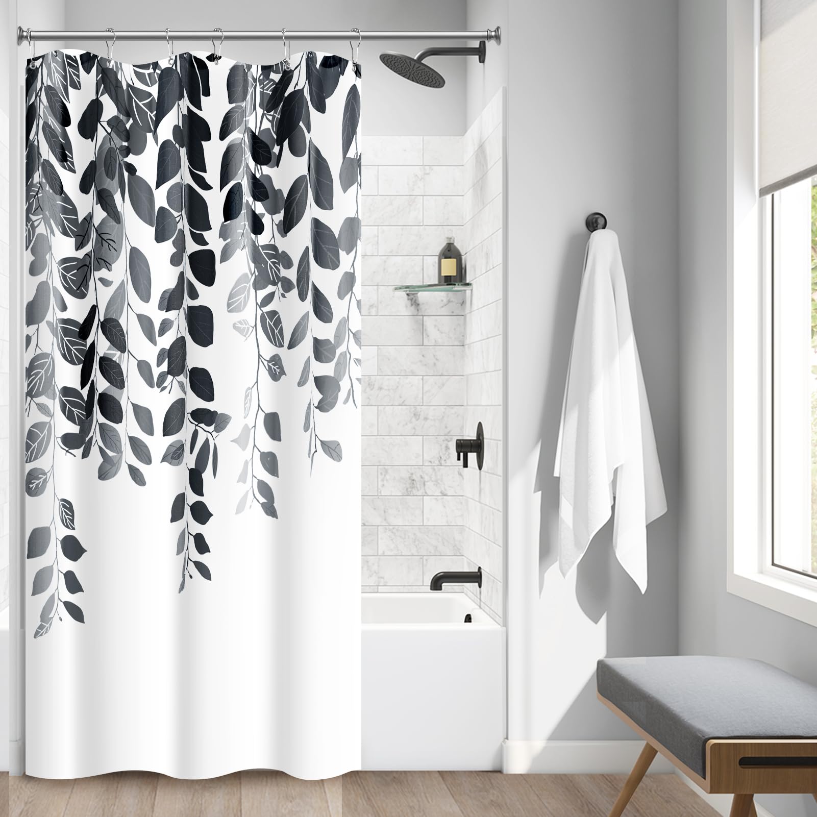 Modern Black Eucalyptus Botanical Shower Curtain - Watercolor Floral Leaves Design, 36x72 Inch Bathroom Decor for Spa-Like Retreat | Perfect for Farmhouse, Boho & Contemporary Bathrooms