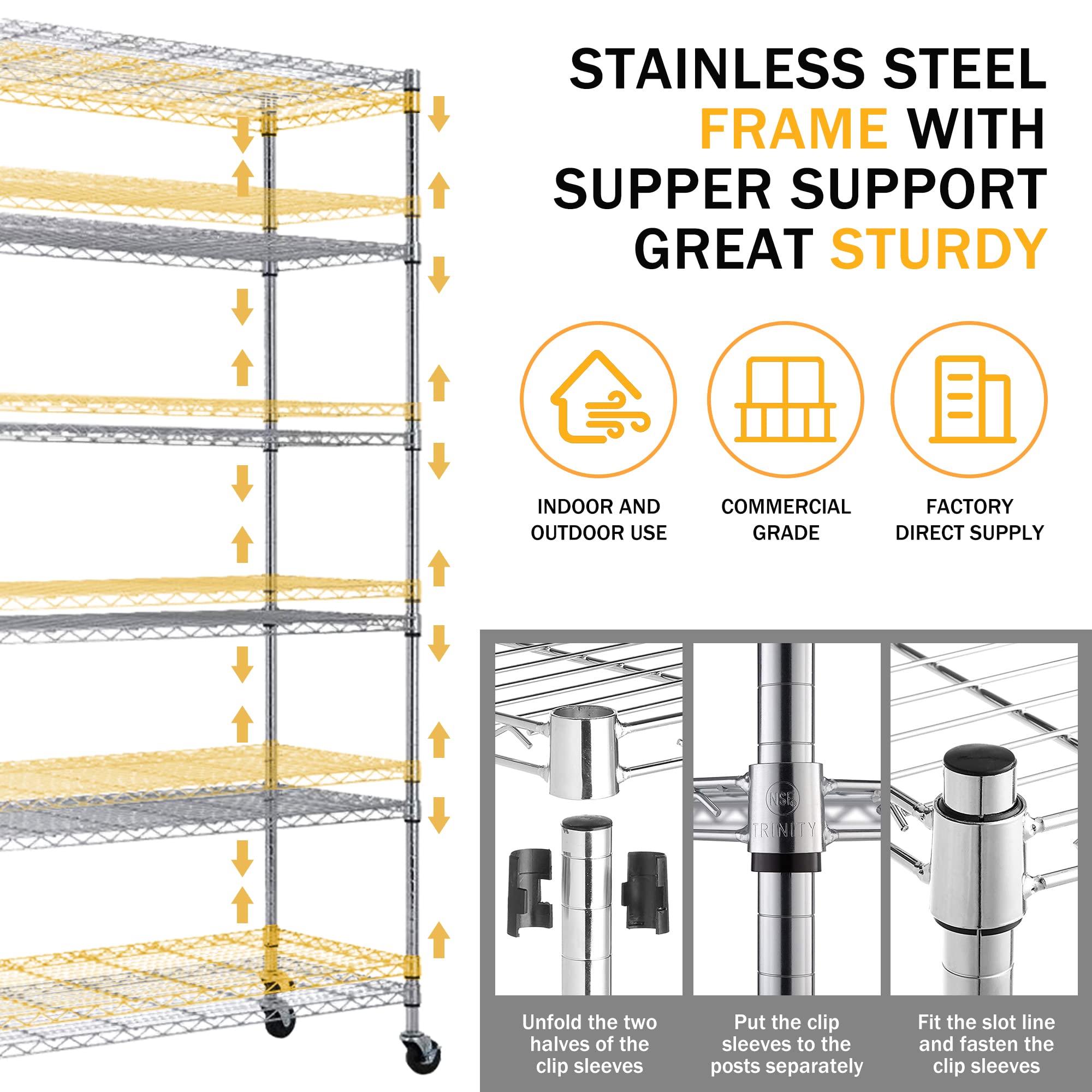 6-Tier Heavy Duty Metal Shelving Unit - 2100LBS Capacity NSF-Certified Commercial Storage Rack with Wheels, Adjustable Height for Kitchen, Garage, Pantry & Warehouse Organization | Rolling Utility Shelves for Home & Business Use