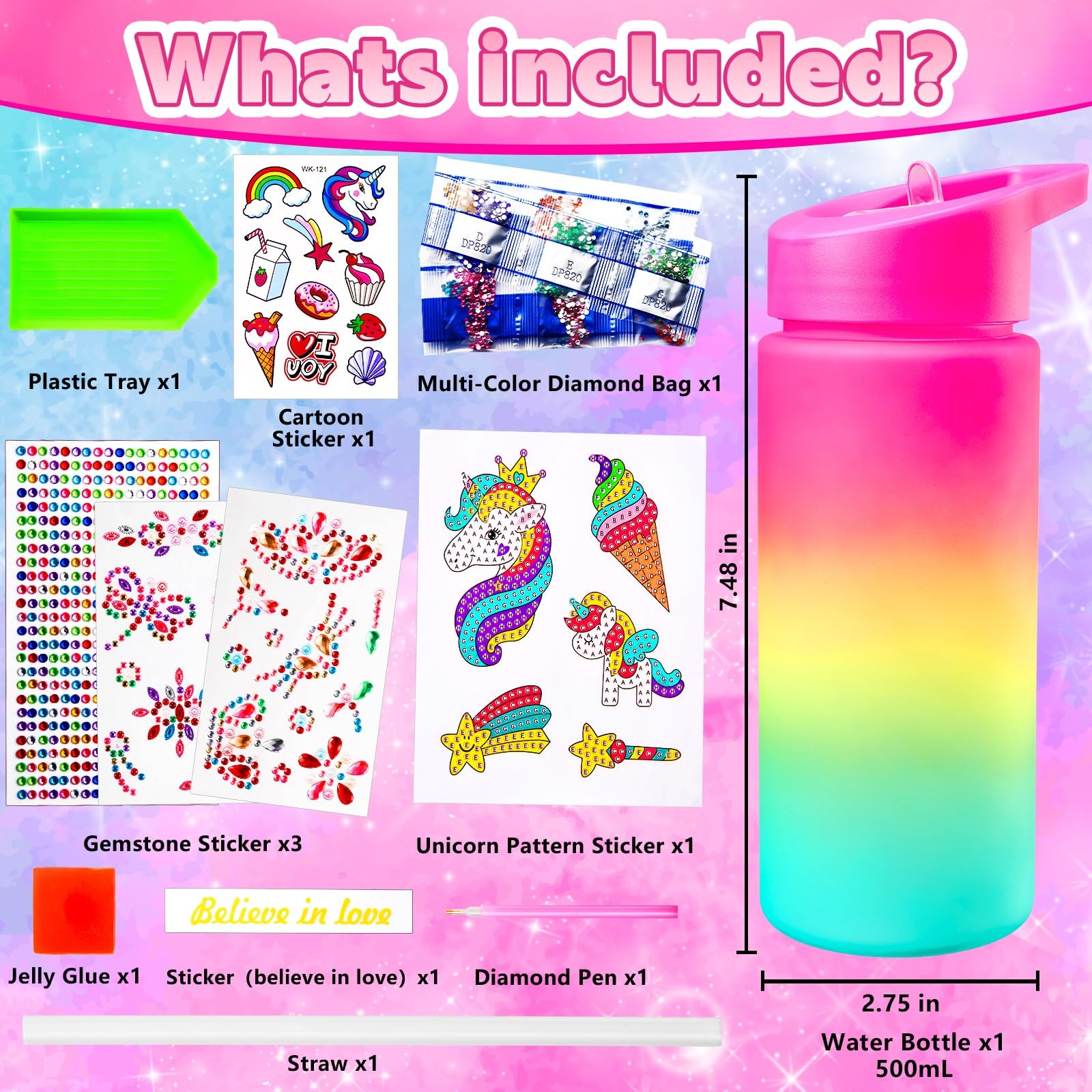 Custom DIY Water Bottle Decorating Kit for Girls Ages 4-12 - Unicorn Themed Arts & Crafts Birthday Gift for 4 5 6 7 8 9 Year Old Girls - Fun Creative Activity for Parties, School Projects & Home Decor