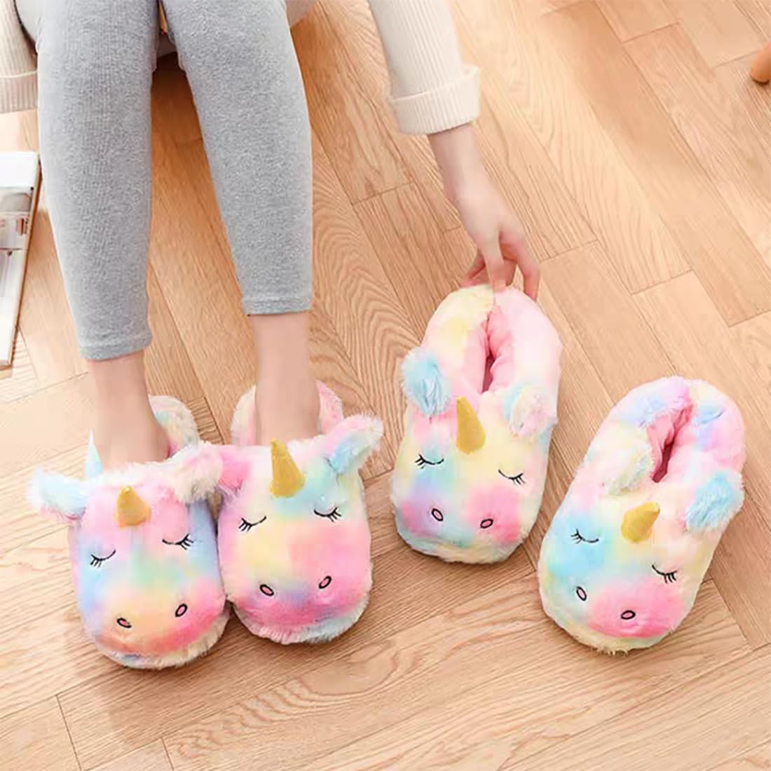 HANDKEI Cute Rainbow Unicorn Slippers - Plush Animal House Shoes for Women & Girls - Soft Warm Winter Indoor Slippers for Home, Lounge, Bedroom - Cozy Gift Idea for Christmas & Birthday