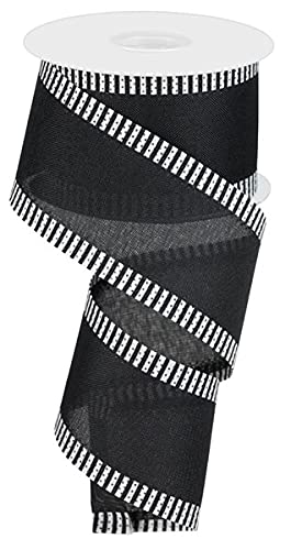 Premium Border Stripe Canvas Wired Edge Ribbon - 10 Yards, 2.5 Inch Width - Black Decorative Ribbon for Gift Wrapping, DIY Crafts, Wedding Decorations and Home Decor Projects