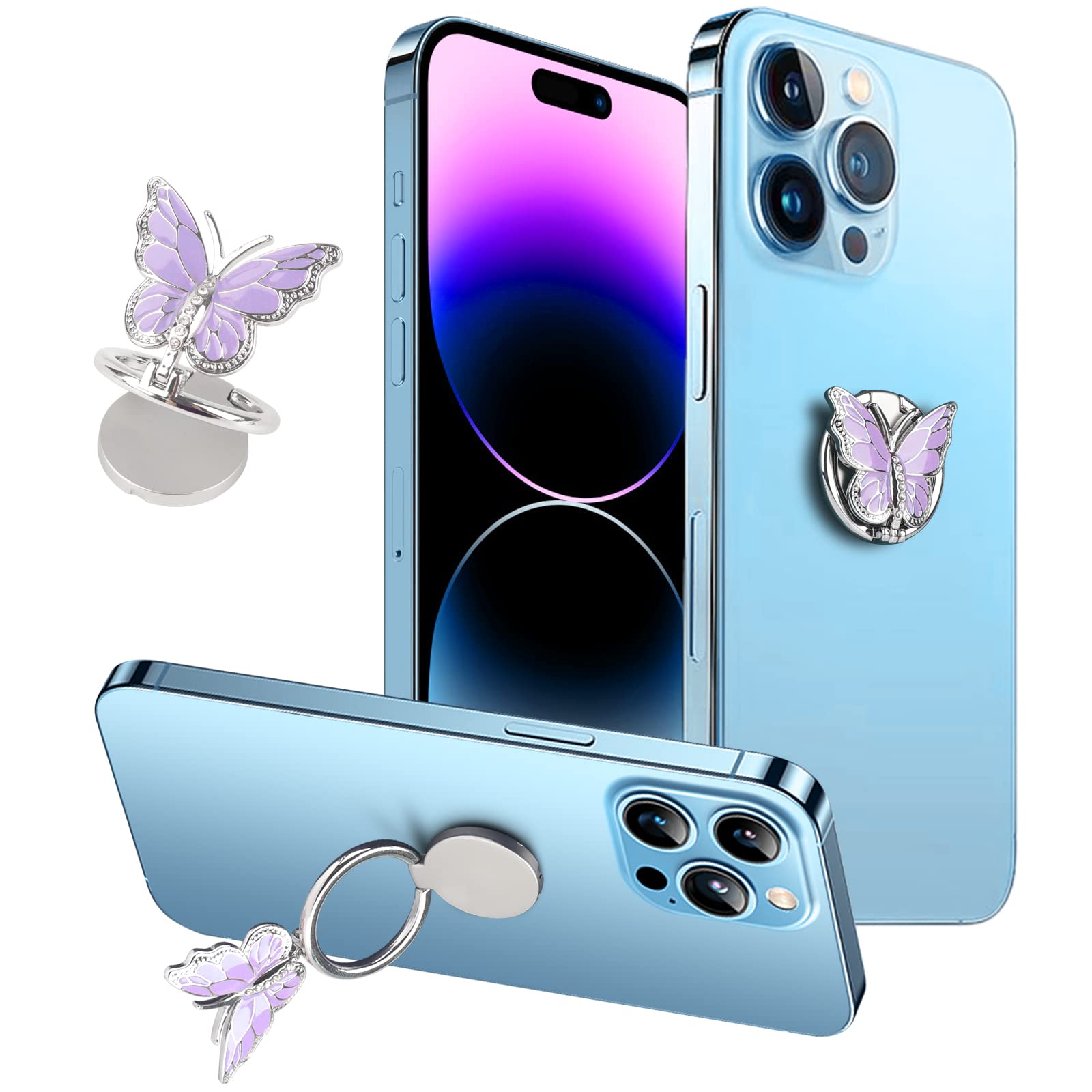 360° Rotating Sparkle Butterfly Phone Ring Holder - Bling Metal Adjustable Finger Kickstand Grip for iPhone, Samsung & All Smartphones | Perfect for Selfies, Videos & Secure One-Hand Use