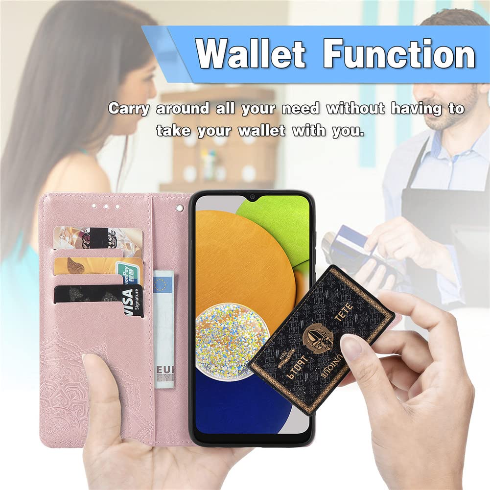 Samsung Galaxy A03 Case 5G - Leather Wallet Flip Cover with Magnetic Closure, Shockproof Protection, Card Slots & Stand Feature | Perfect for Daily Use, Travel & Business (SD Mandala Rose Gold)