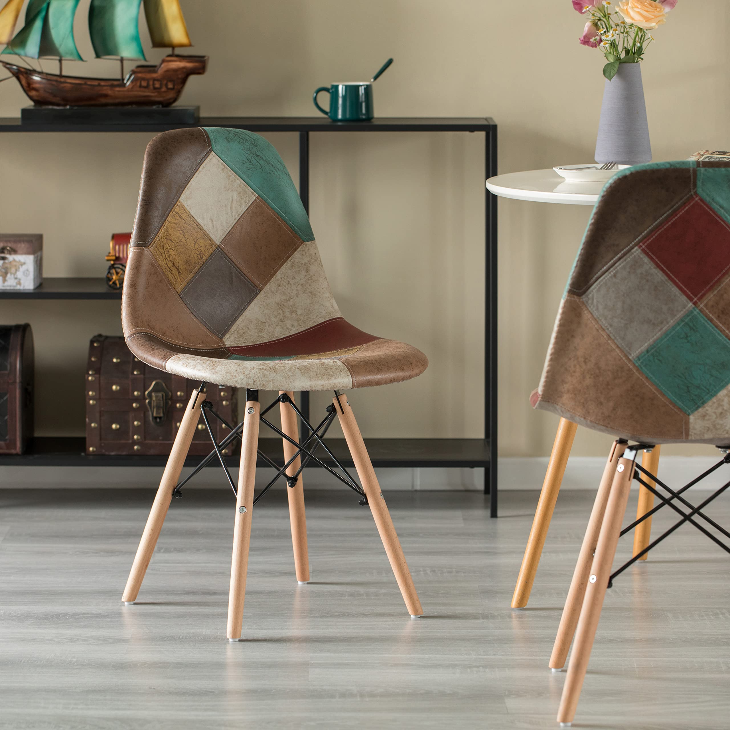 Modern Fabric Patchwork Chair with Leather & Suede-Like Upholstery & Wooden Legs - Set of 2 for Kitchen, Dining Room, Entryway & Living Room - Perfect for Home Decor, Entertaining Guests & Cozy Seating