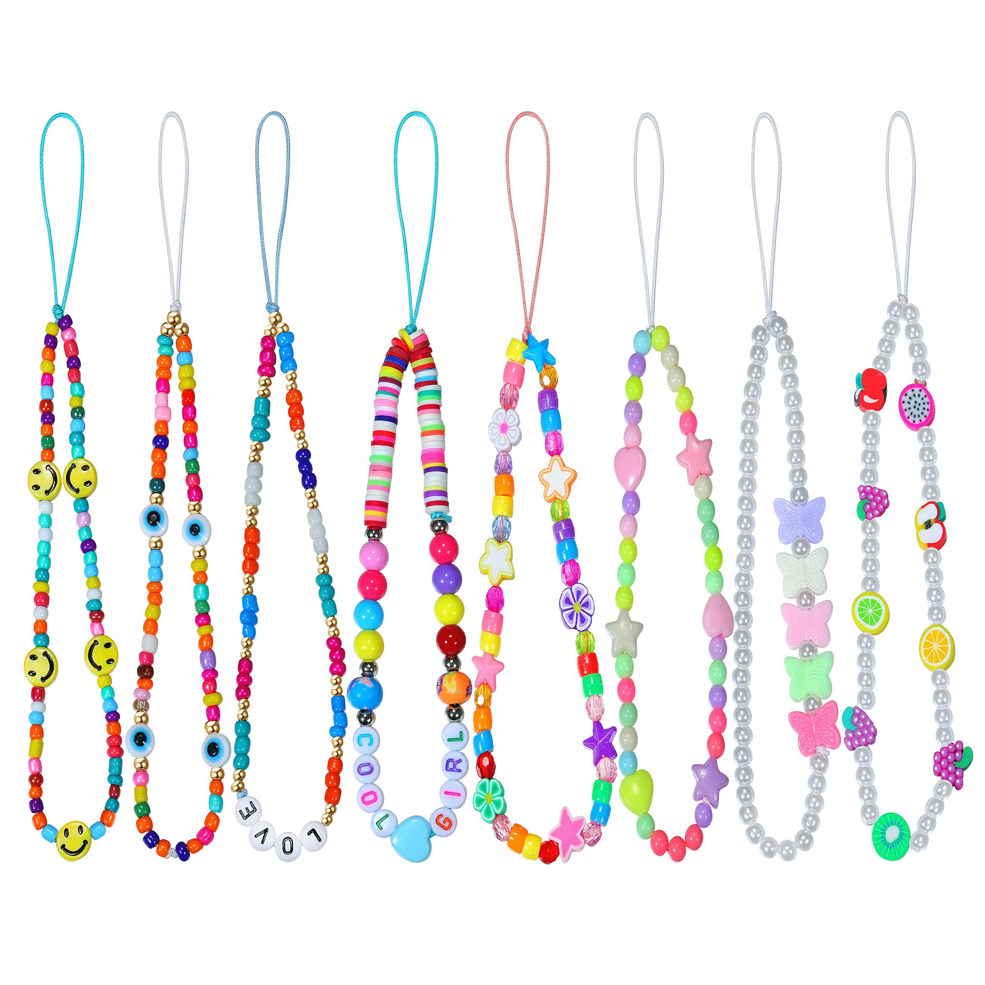 KOHOTA 8pcs Cute Beaded Phone Lanyard Wrist Strap - Smiley Beads, Y2K Handmade Polymer Clay Fruit & Star Charms, Colorful Acrylic Bead Anti-Lost Phone String Bracelet Keychain for Women & Girls | Perfect for Phone, Keys, ID Badges & Accessories