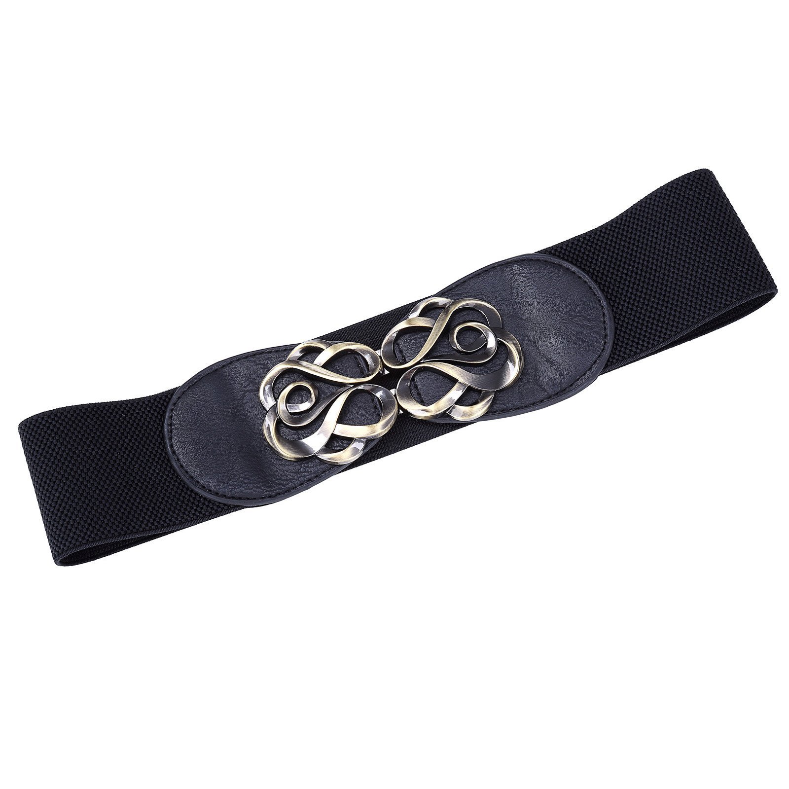 Women's Retro Elastic Waist Pants with Metal Interlock Buckle - Black (CL0413-1) Small - Perfect for Casual Wear & Office Outfits