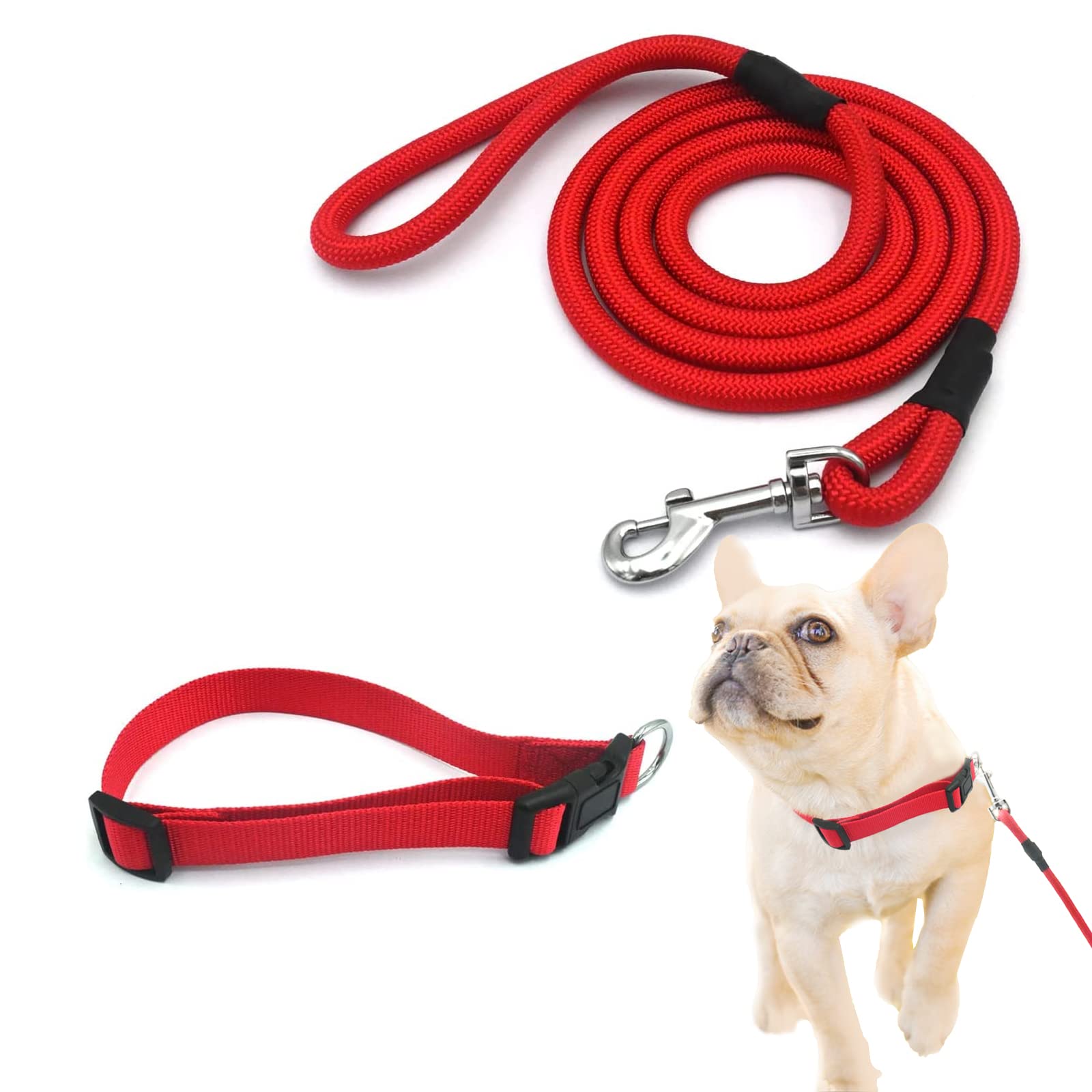 5ft Heavy Duty Adjustable Nylon Dog Leash with 360° Swivel No-Tangle Clip & Matching Collar Set for Medium Dogs (35-150 lbs) - Perfect for Walking, Training & Outdoor Safety Control - Red