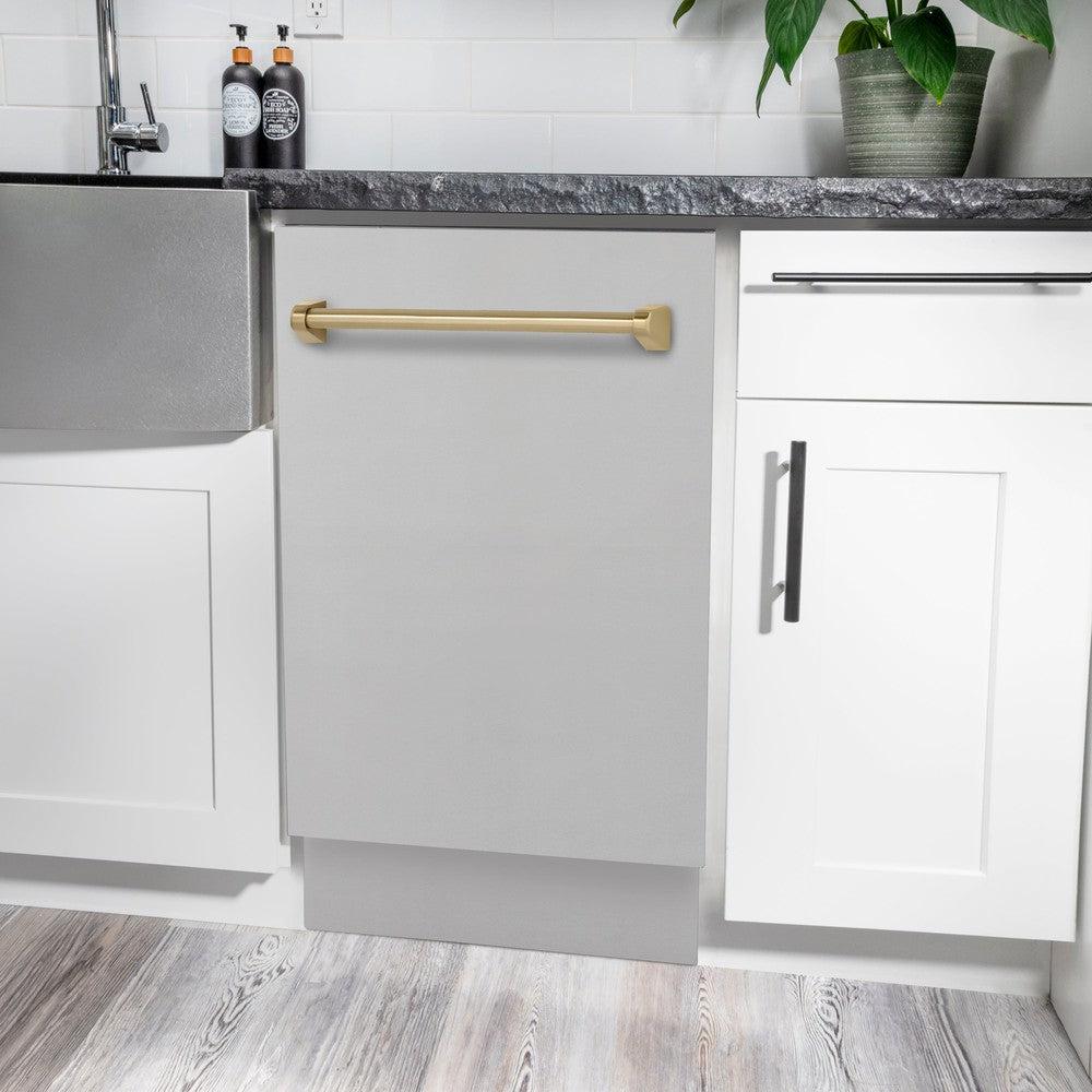 ZLINE Autograph Edition 18-inch Compact Dishwasher with 3rd Rack - Stainless Steel & Champagne Bronze Handle, Ultra Quiet 51dBa (DWVZ 304 18 CB) - Perfect for Small Kitchens, Apartments, and RV Living