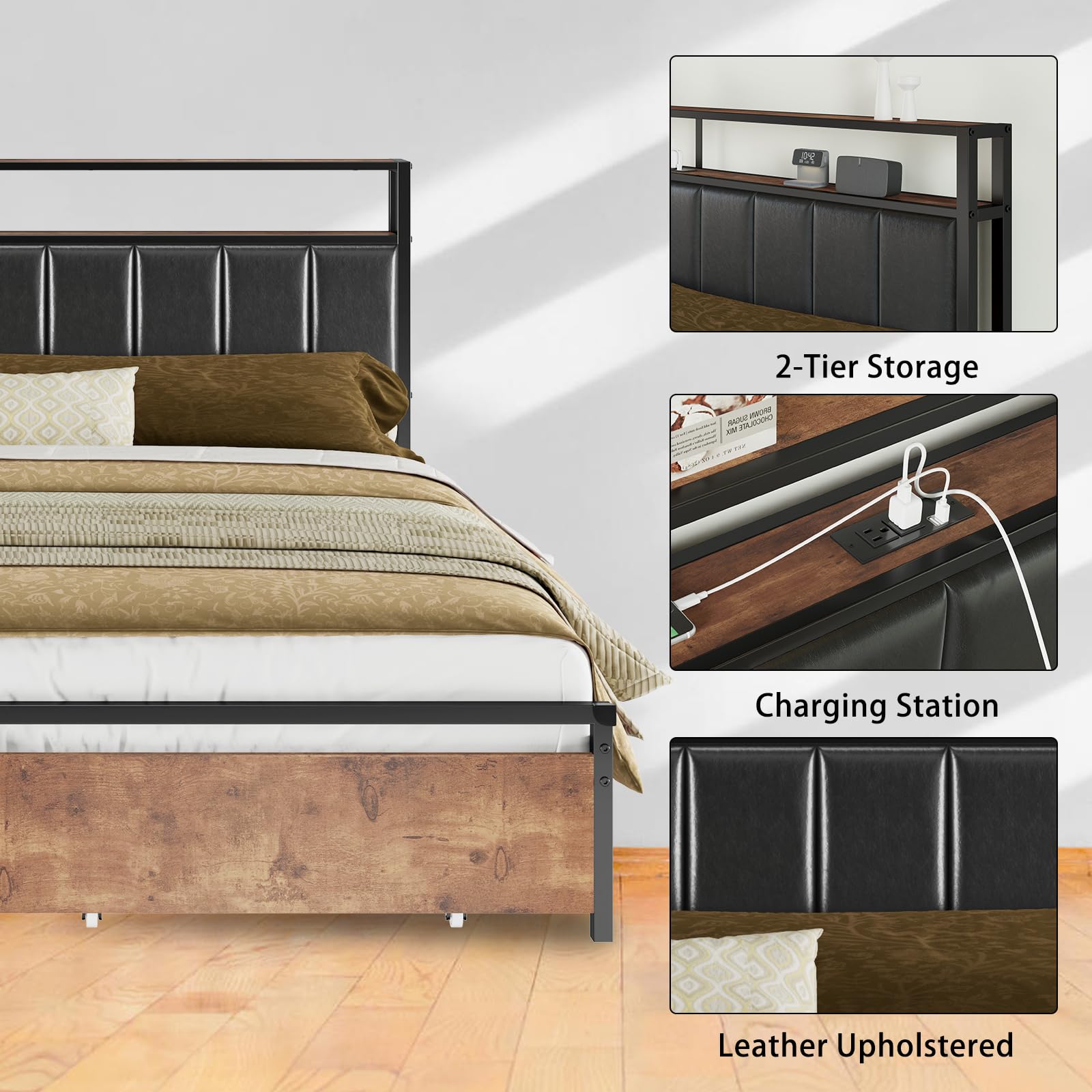 AMERLIFE LED Queen Size Bed Frame with 2-Tier Storage Drawers, Leather Upholstered Platform Bed with USB Charging Station Headboard - No Box Spring Needed, Easy Assembly, Noise Free, Rustic Brown - Perfect for Small Bedrooms, Guest Rooms & Modern Home Decor