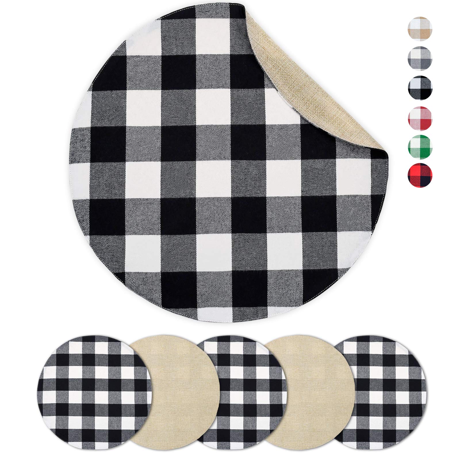 Senneny 6-Piece Round Placemats Set - Reversible Cotton Burlap Buffalo Plaid Placemats for Dining Table - Black & White Farmhouse Decor - Perfect for Round Tables, Kitchen, and Holiday Dinner Settings