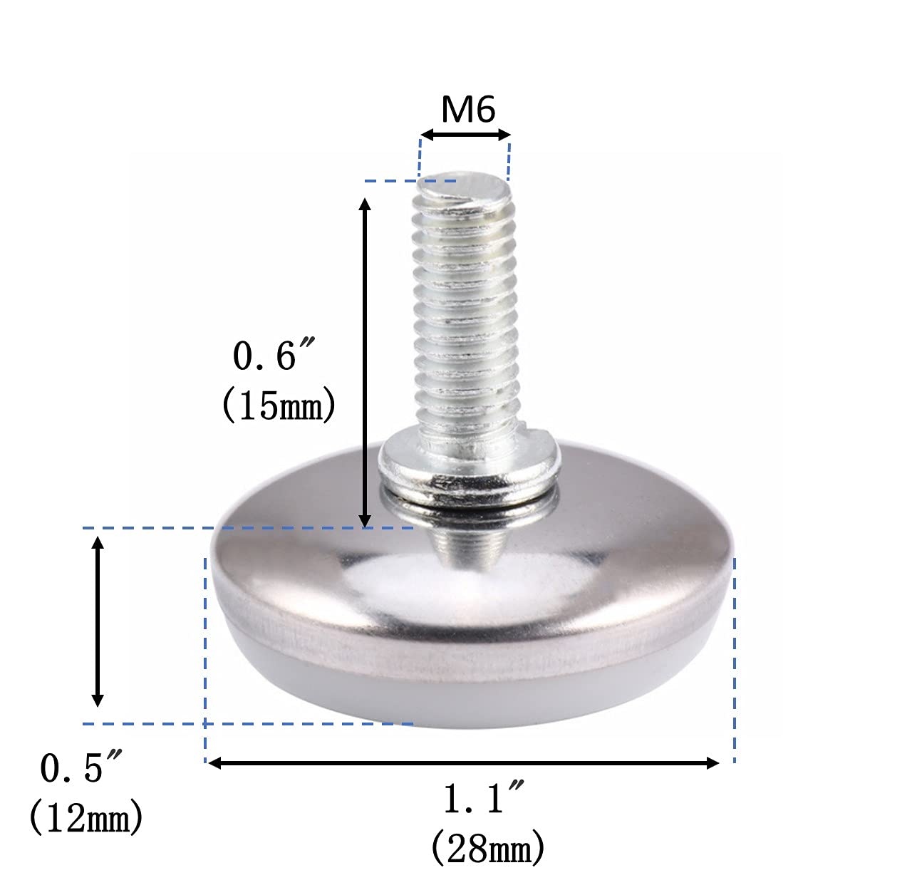 20 PCS M6 x 15mm Adjustable Furniture Leveling Glides - 1.1 Inch/28mm Diameter Screw-On Feet for Sofa, Table & Cabinet Legs - Perfect for Uneven Floors & Home Office Furniture Leveling