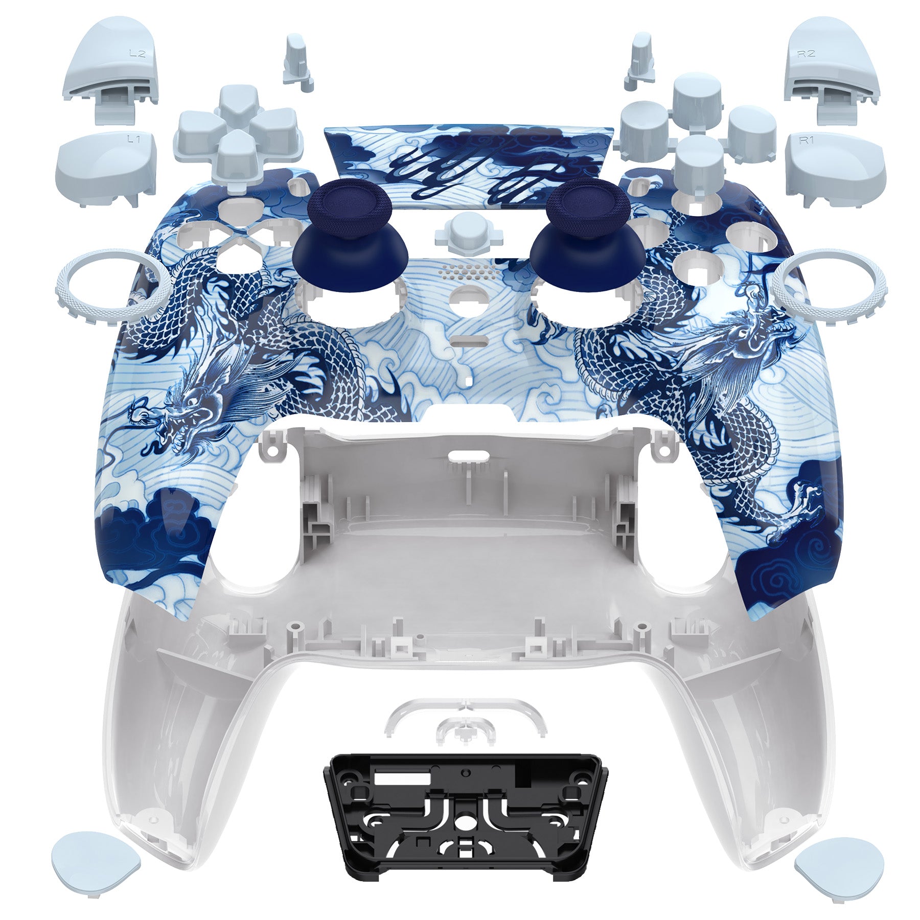 eXtremeRate LUNA Redesigned Replacement Shell Kit with Buttons for PS5 Controller BDM-030/040/050 - Porcelain Dragon Design | Custom Gaming Setup & Controller Modding